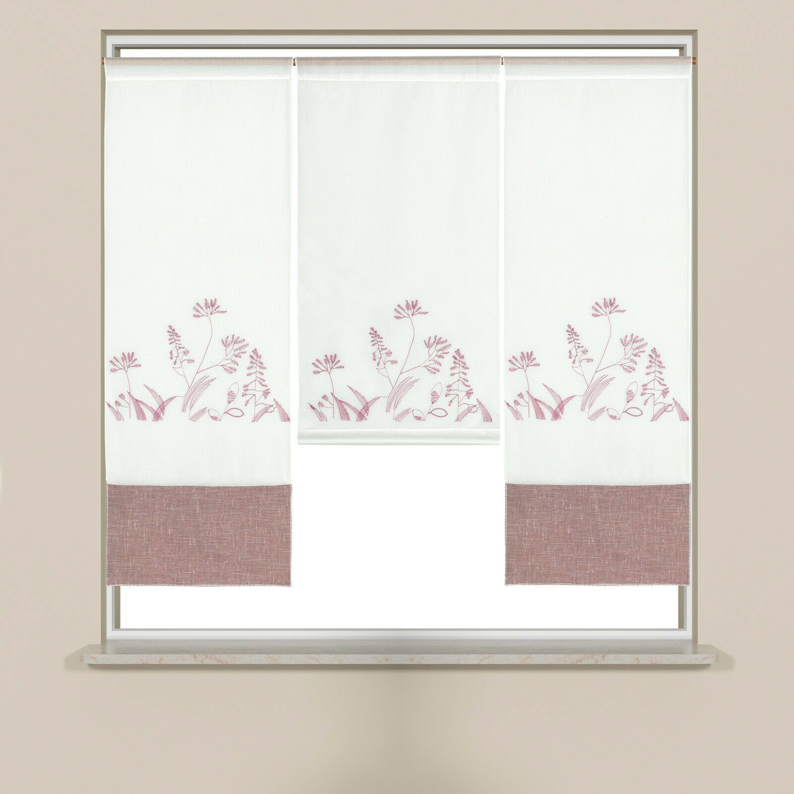 (3 Set, Flächenvorhang Clever-Kauf-24, rose Scheibengardine mit Design St), transparent 4044, Mini Stangendurchzug Blende, bestickt,
