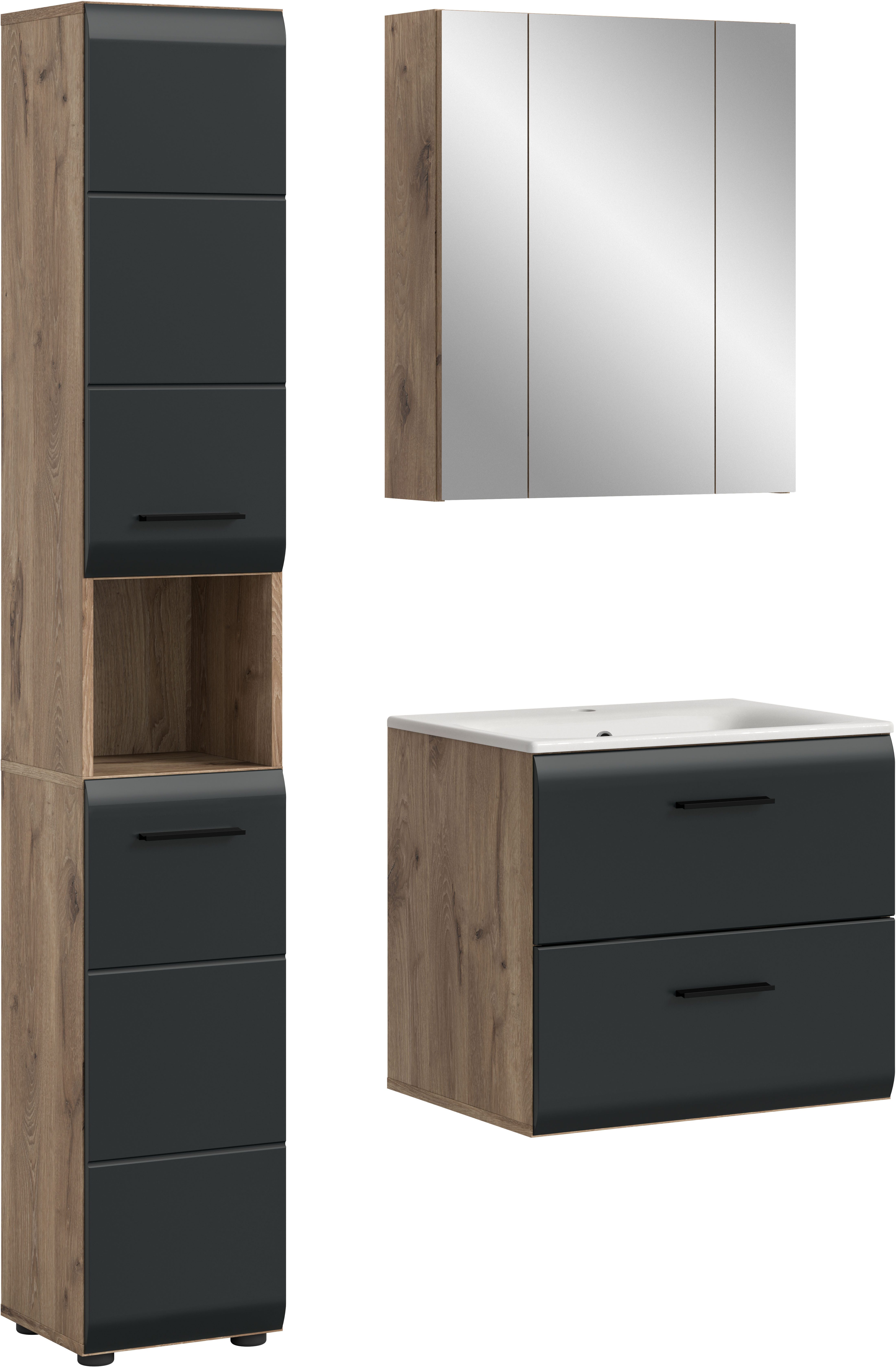 welltime Badezimmer-Set, (Set, 4-St., Hochschrank, Waschtisch inkl. Waschbecken, Spiegelschrank), Bad-Kombination, Bad-Möbel, Badezimmer, Kombination, Kombi