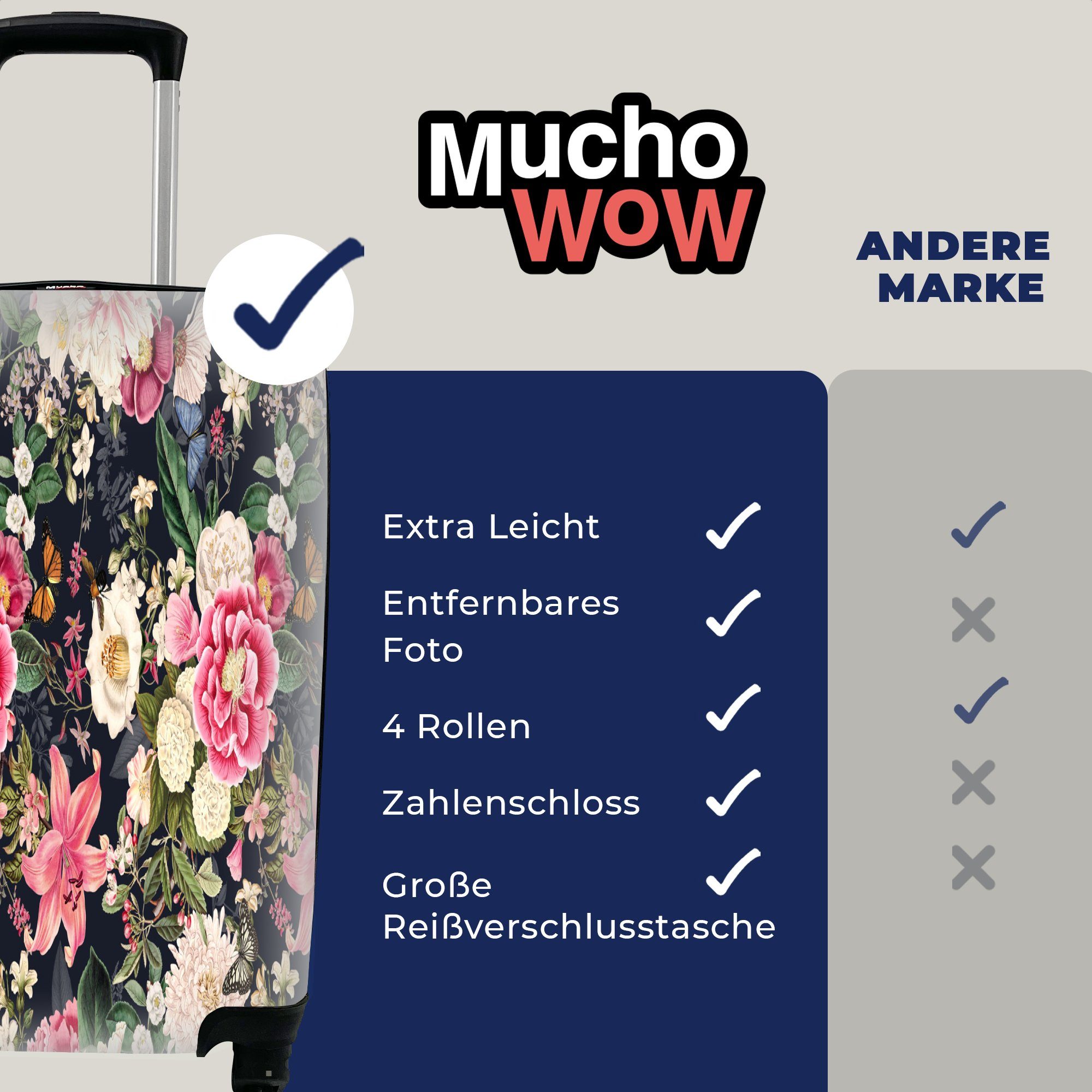 Lilie Trolley, Collage, Handgepäckkoffer MuchoWow - Reisekoffer - Ferien, Blumen mit - für Reisetasche rollen, Anemone 4 Rollen, Handgepäck