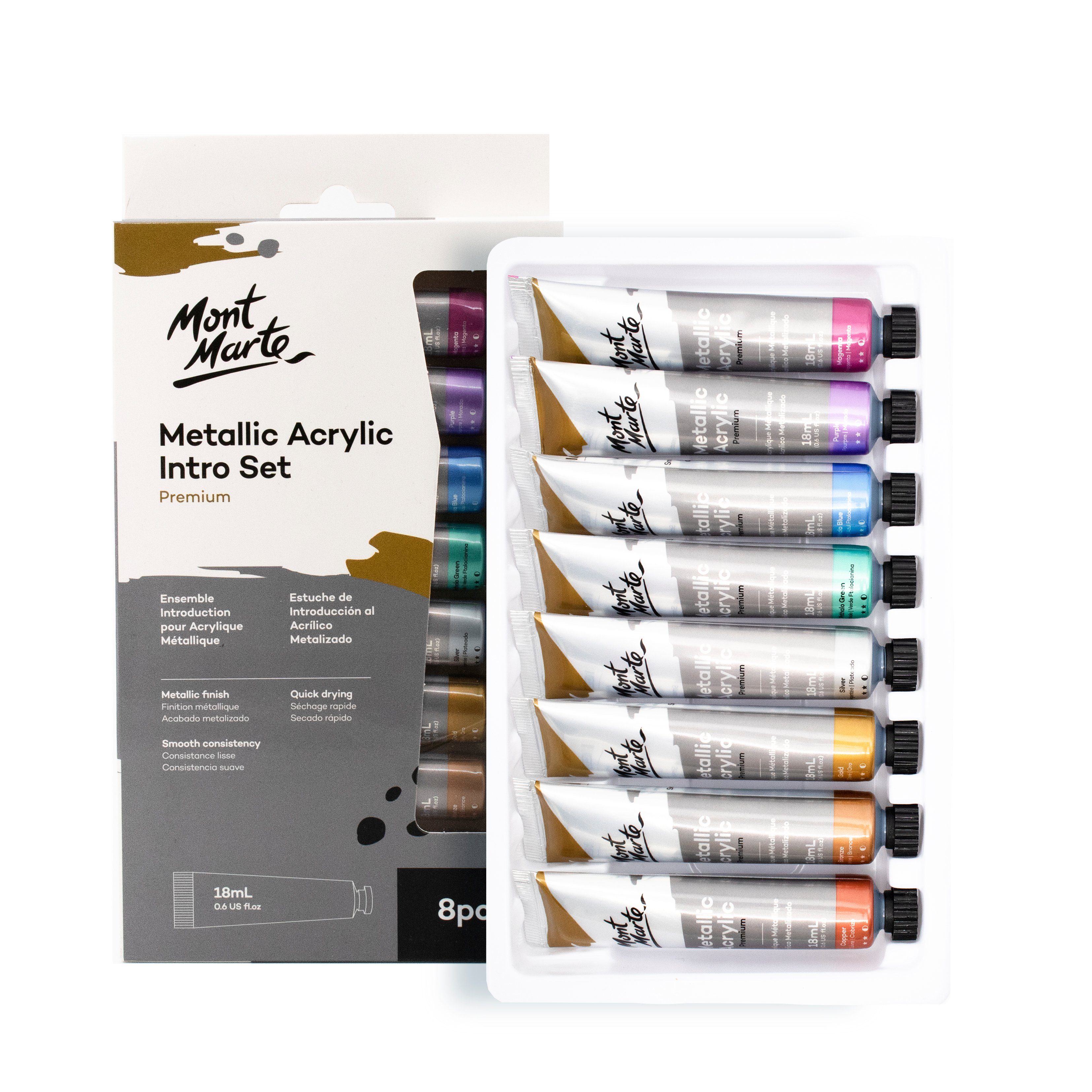 Mont Marte Acrylfarbe Set Metallic 8 × 18 ml Tuben – edle Metalltöne mit schimmerndem Effekt, Wasserbasiert & ideal für Leinwand, Karton, Papier, Ton, Holz, Stein