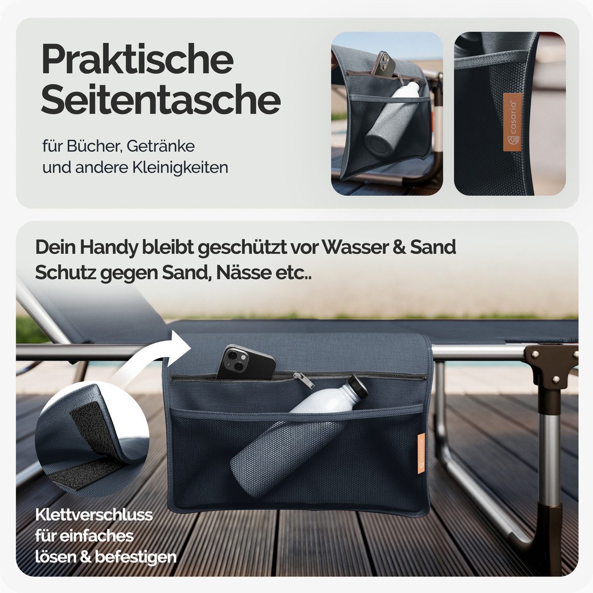 Casaria Gartenliege Bari, Sonnenliege Klappbar mit Dach Polsterung Alu Liegestuhl bis 150kg