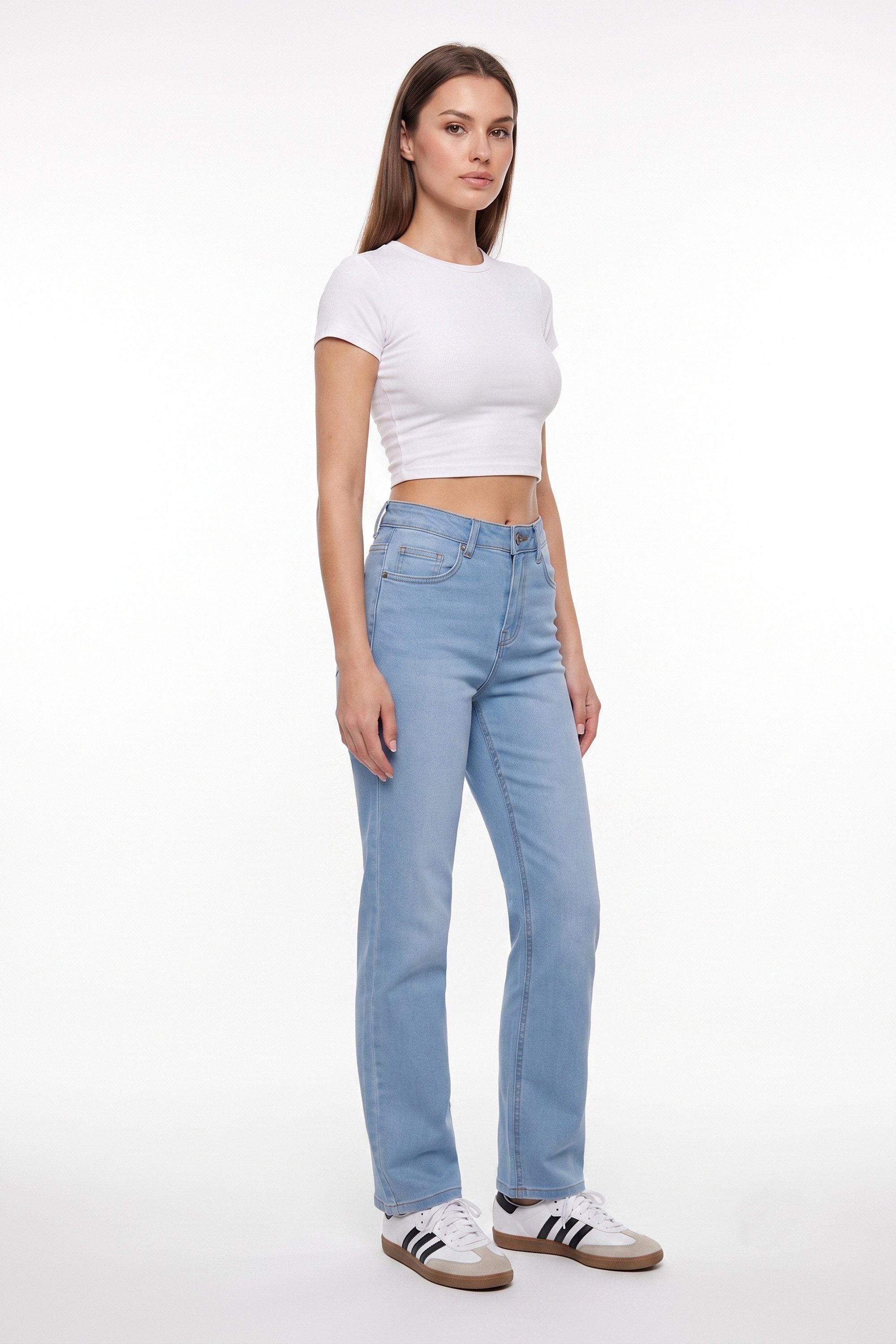 ESRA Straight-Jeans High Waist Damen Jeans Stretch Hose aus superweicher Baumwolle Straight Jeans Damen Stretch Jeanshose High Waist bis Große Größe