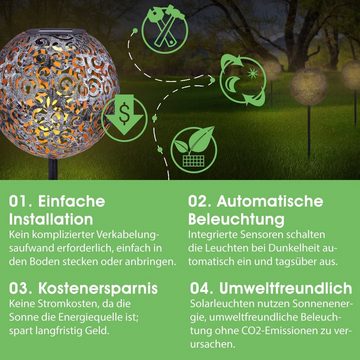 bmf-versand LED Solarleuchte Solarleuchten Garten 2er Set Kugel Metall antik Solarlampe Außen, Gartenbeleuchtung, Solarkugel, mit Schalter, LED fest integriert, Warmweiß, Außenleuchte, Außenlampe, Dekoleuchte, Außenbeleuchtung, Gartenleuchte