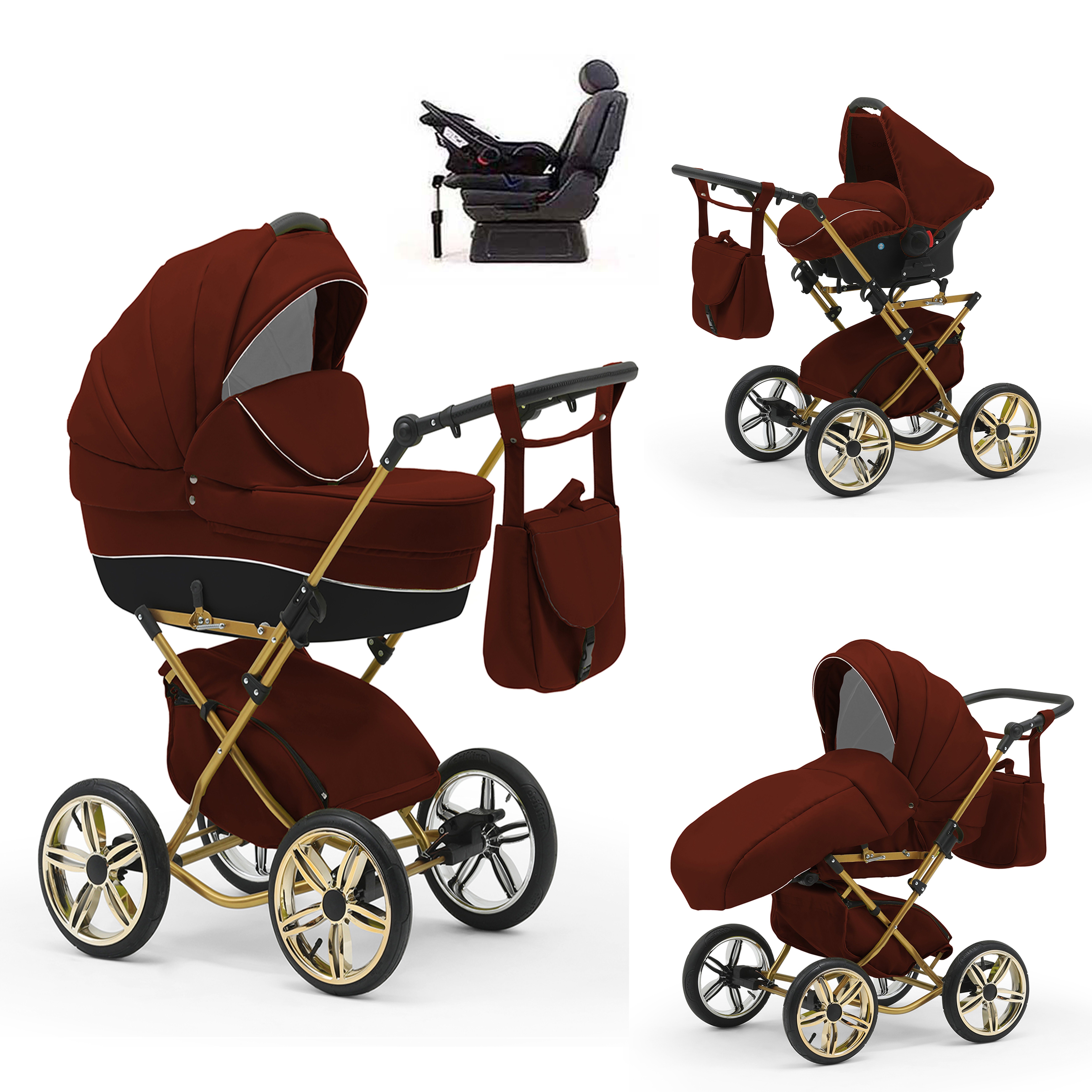 babies-on-wheels Kombi-Kinderwagen Sorento 4 in 1 inkl. Autositz und Iso Base - 14 Teile - in 10 Designs Bordeaux-Schwarz