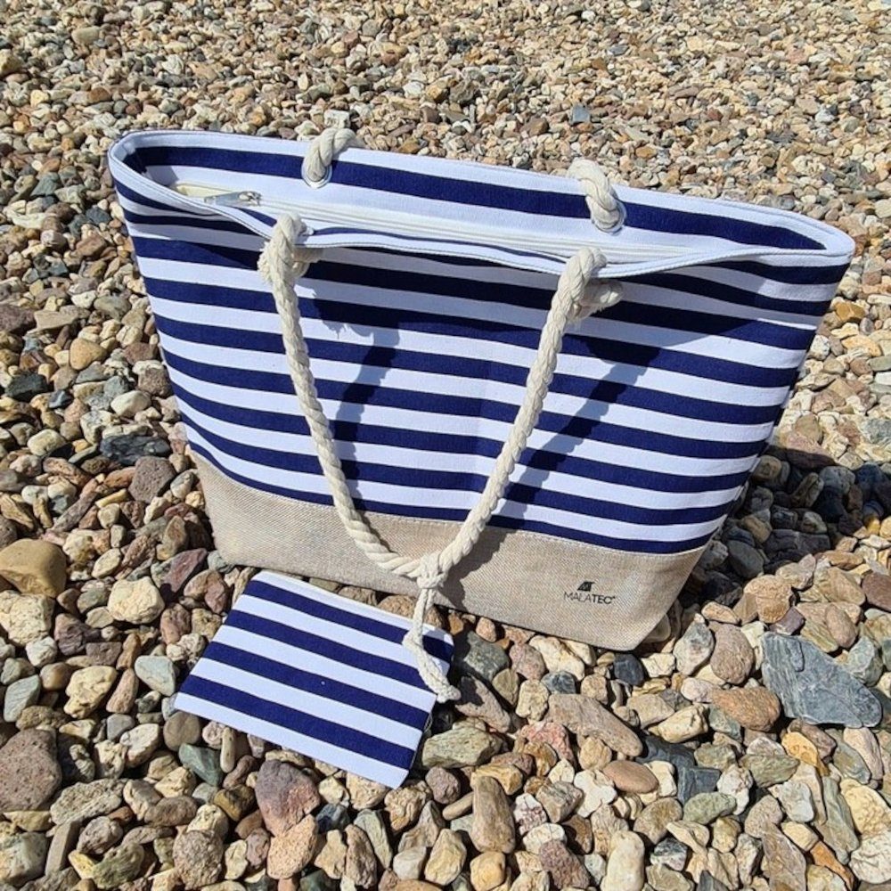 MALATEC Strandtasche Picknicktasche Marine Tasche (Spar-Set, 2-tlg., Blau, weiß, Marine), eine zusätzliche Außentasche für wertvolle Gegenstände