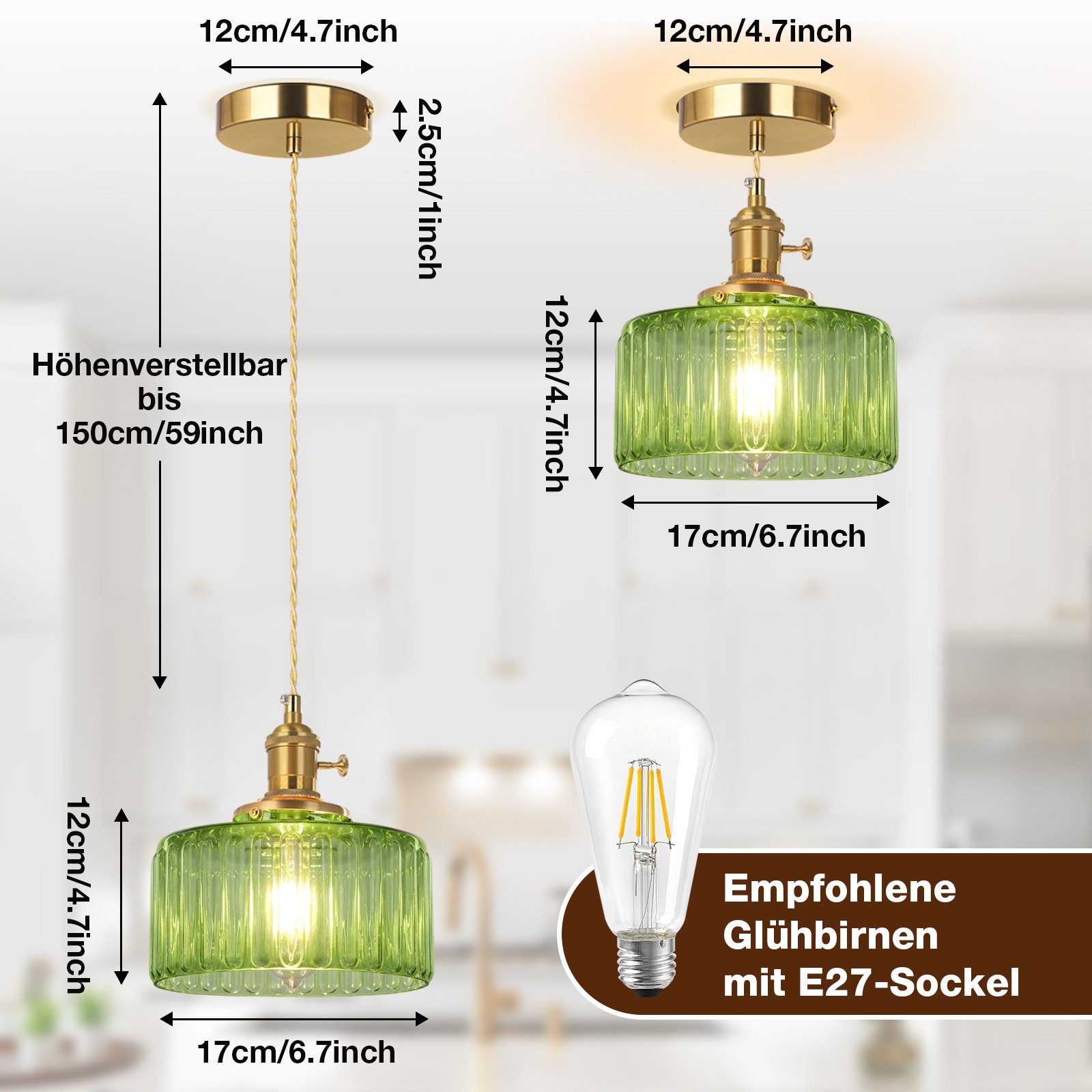 Sunicol Pendelleuchte LED Glas Hängelampe höhenverstellbar, Vintage, Warmweiße, LED wechselbar, Hängeleuchte mit E27 Fassung und Glühbirne für Esstisch