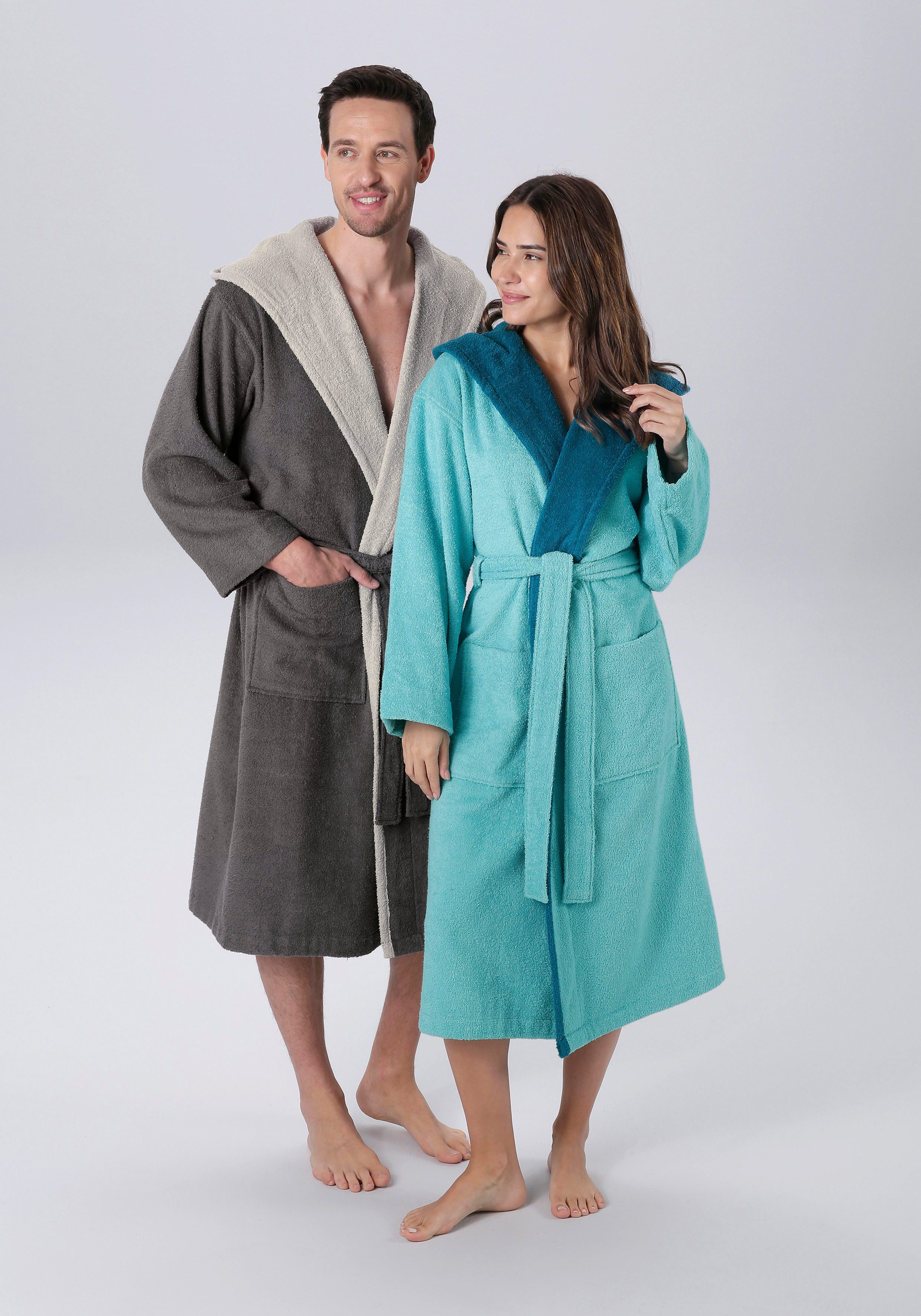 my home Unisex-Bademantel Anna, ideal für Sauna & Spa, Hotelbademantel, Morgenmantel, Langform, Walkfrottier, Kapuze, Gürtel, für Damen & Herren, mit Taschen, S-5XL, zweifarbig