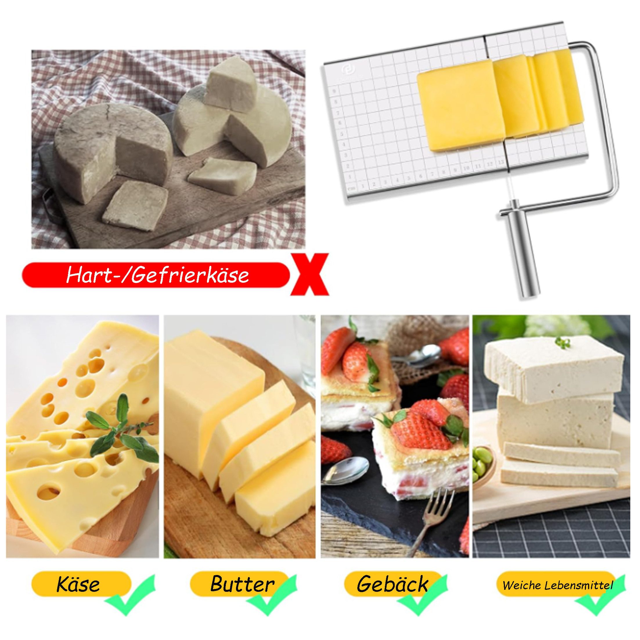 KINSI Käsehobel Edelstahl Käseschneider für Käse & Butter, mit Messplatte, und 5 Ersatzschnüren