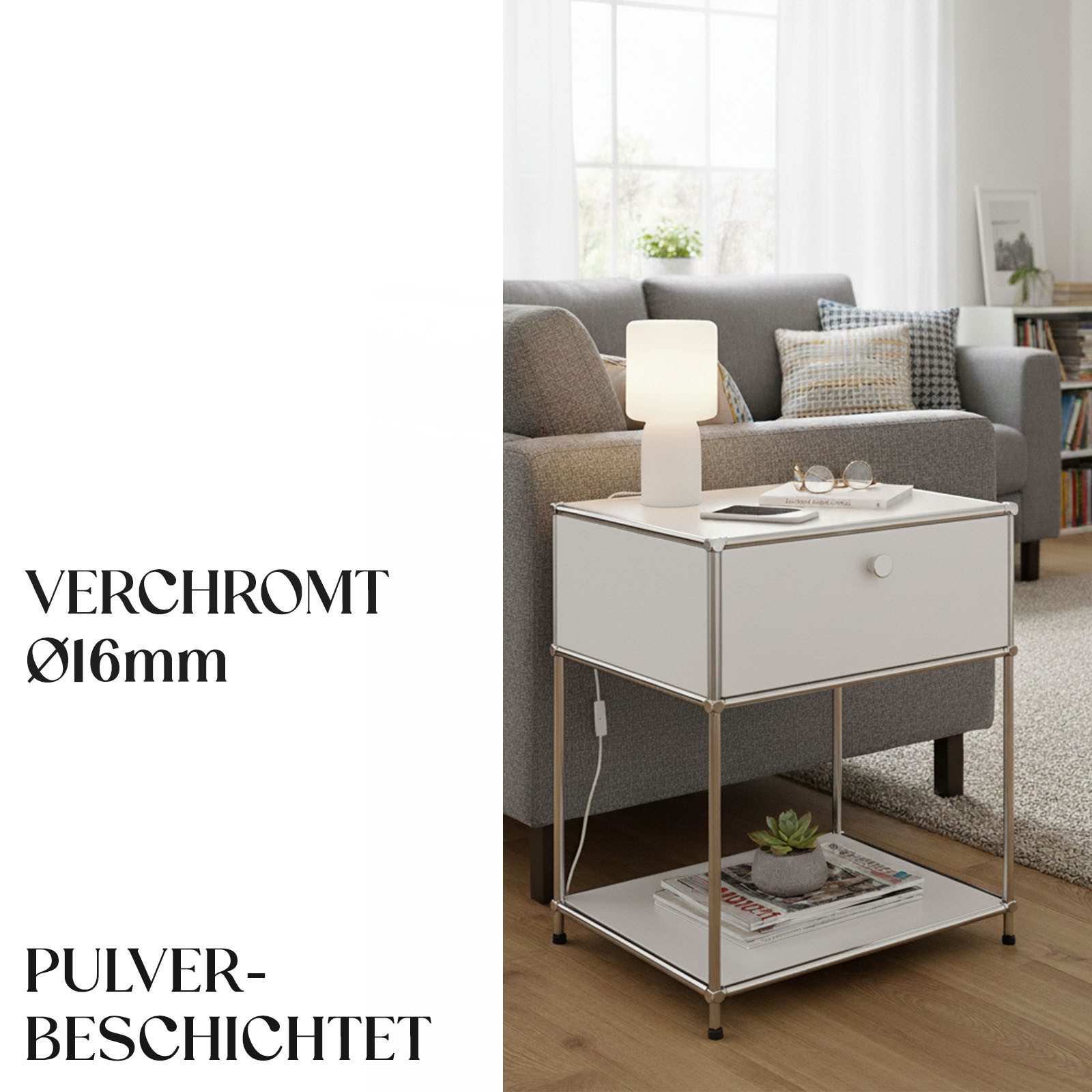 Floordirekt Beistelltisch Concept Epure MK-139, B50 × T40 × H65 cm, verschließbare Schublade (modular, kratzfeste Pulverbeschichtung), Beistellregal mit verchro – Bild 4 von 5