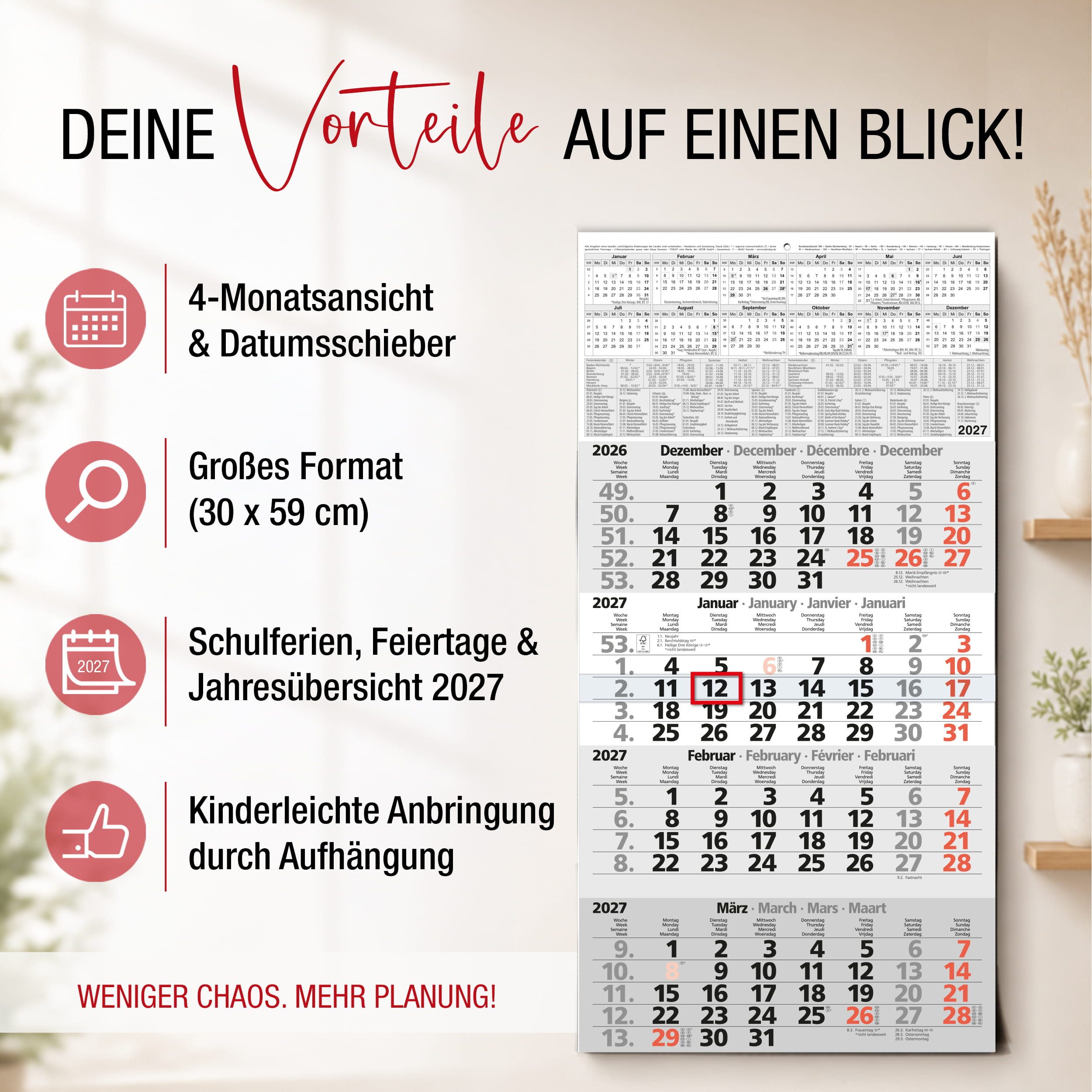 TOBJA Wandkalender 4 Monatskalender 2027 mit rotem Datumsschieber 30x59 FSC Ferien, Roter Datumsschieber, Schulferien DE+AT, 4-sprachig, FSC, 30x59 cm