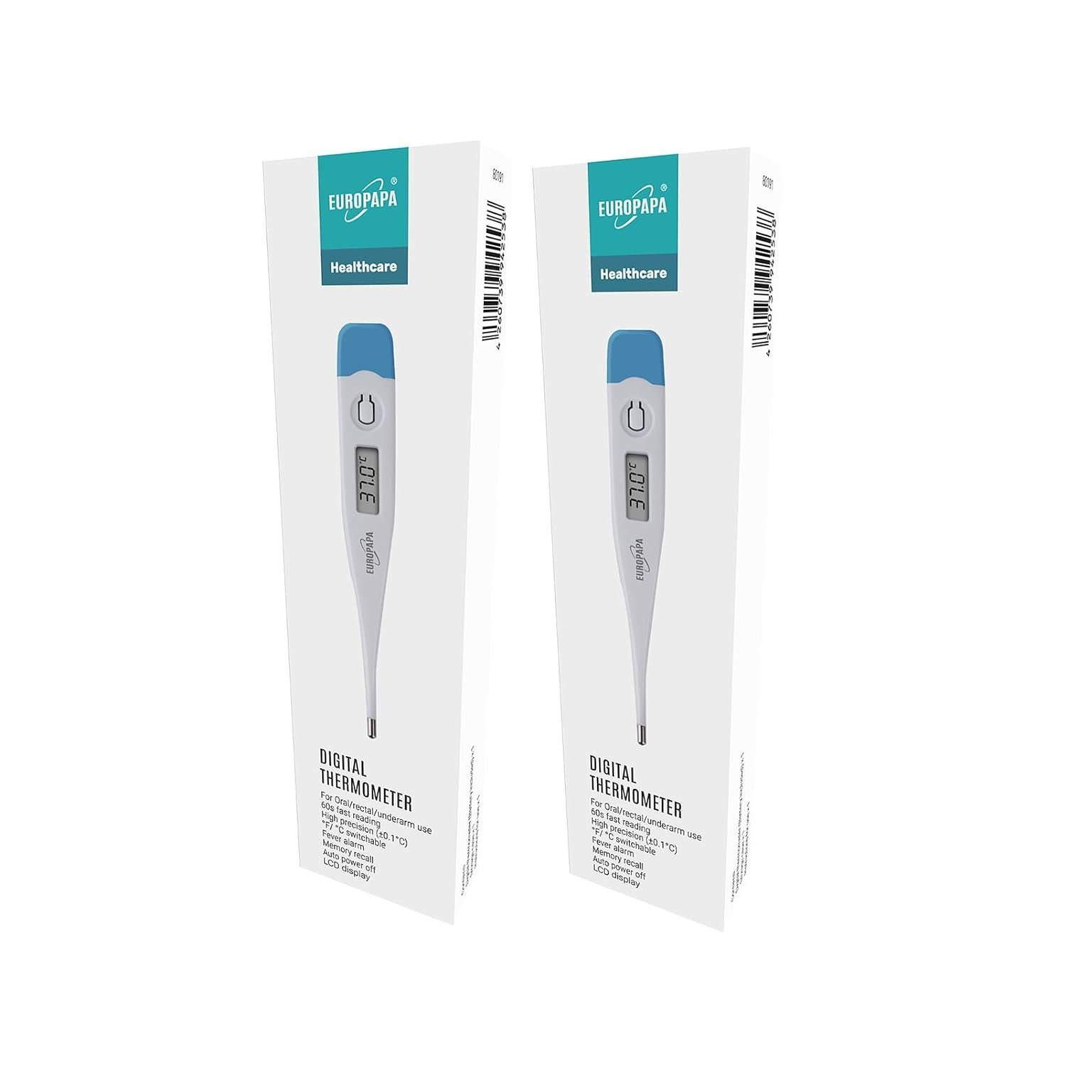 EUROPAPA Fieberthermometer 2 Stück Digitales Fieberthermometer für Babys, 2-tlg., Kinder und Erwachsene, Thermometer für oral, axillar oder rektal, wasserdicht mit Fieberalarm