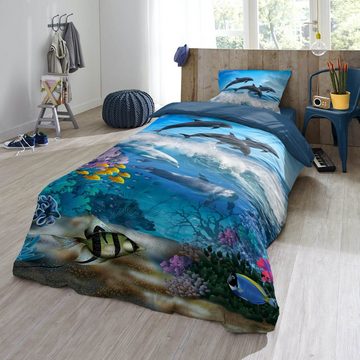 Kinderbettwäsche Delfine Blau Trendy Bedding, ESPiCO, Renforcé, 2 teilig, Korallen, Fische, Wellen