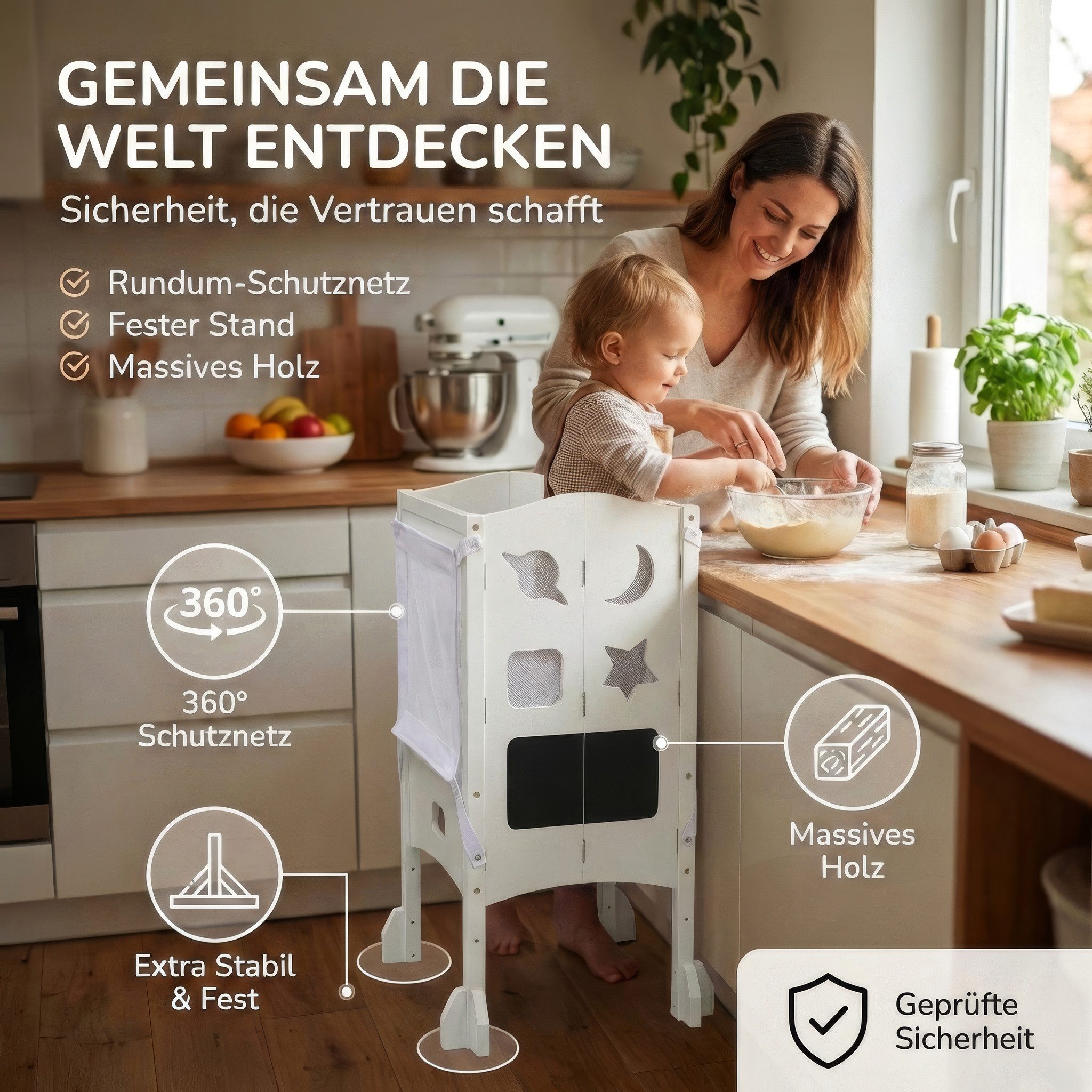 BabyBeFun Stehhilfe Lernturm ab 1 Jahr - [Extra Sicher] klappbar inkl. Sicherheitsnetz, 360° Schutz durch Sicherheitsnetz, Klappbar, Extra Sicher und Stabil