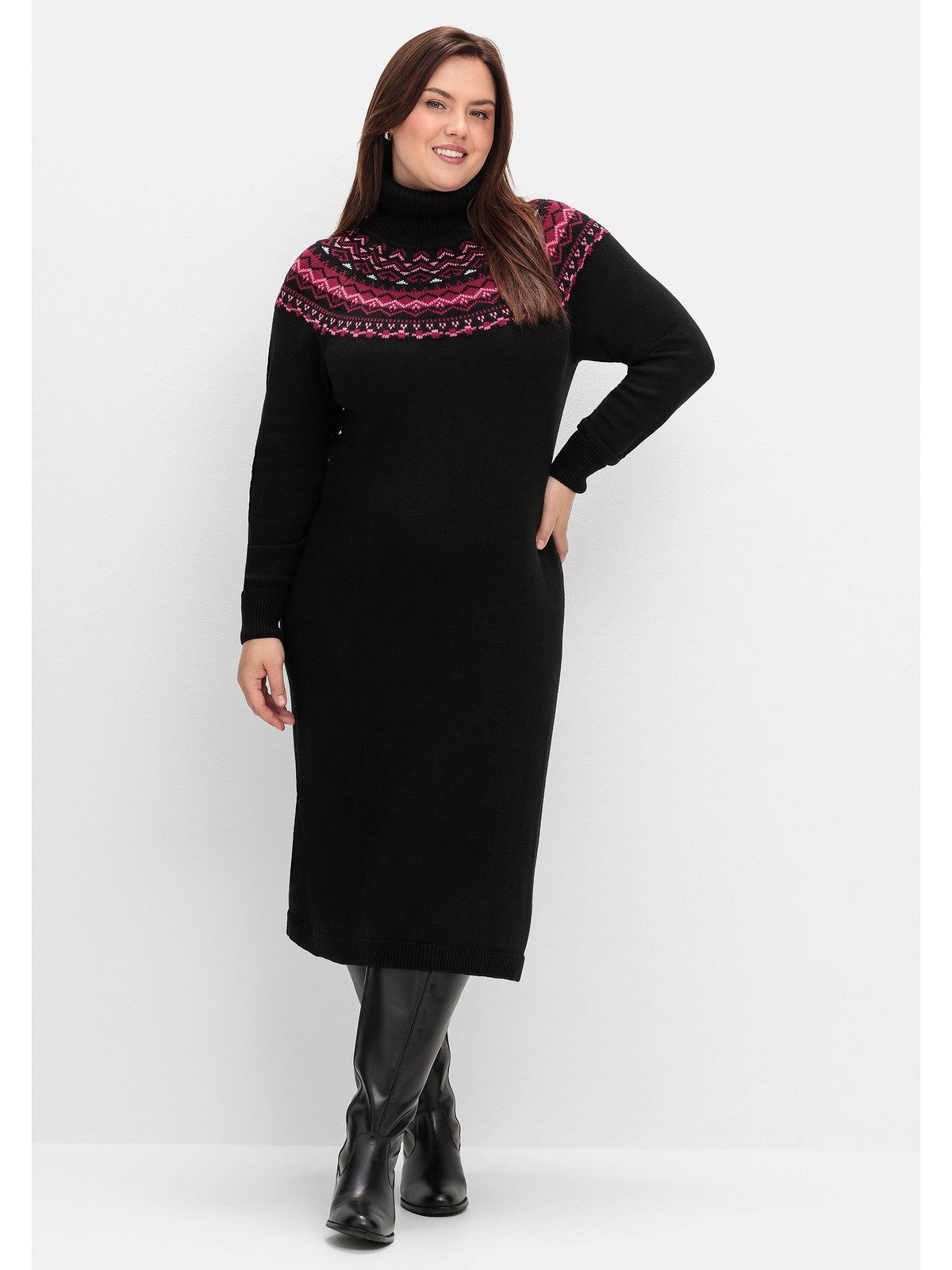 Sheego Strickkleid Große Größen mit Rollkragen und Norwegermuster