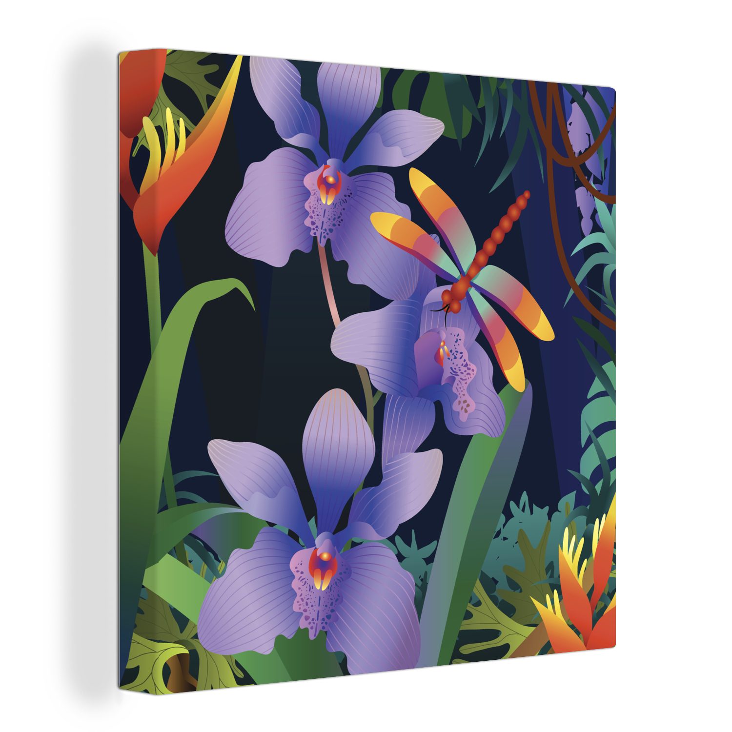OneMillionCanvasses® Leinwandbild Eine Vektor-Illustration des Regenwaldes mit einer lila Orchidee, (1 St), Leinwand Bilder für Wohnzimmer Schlafzimmer