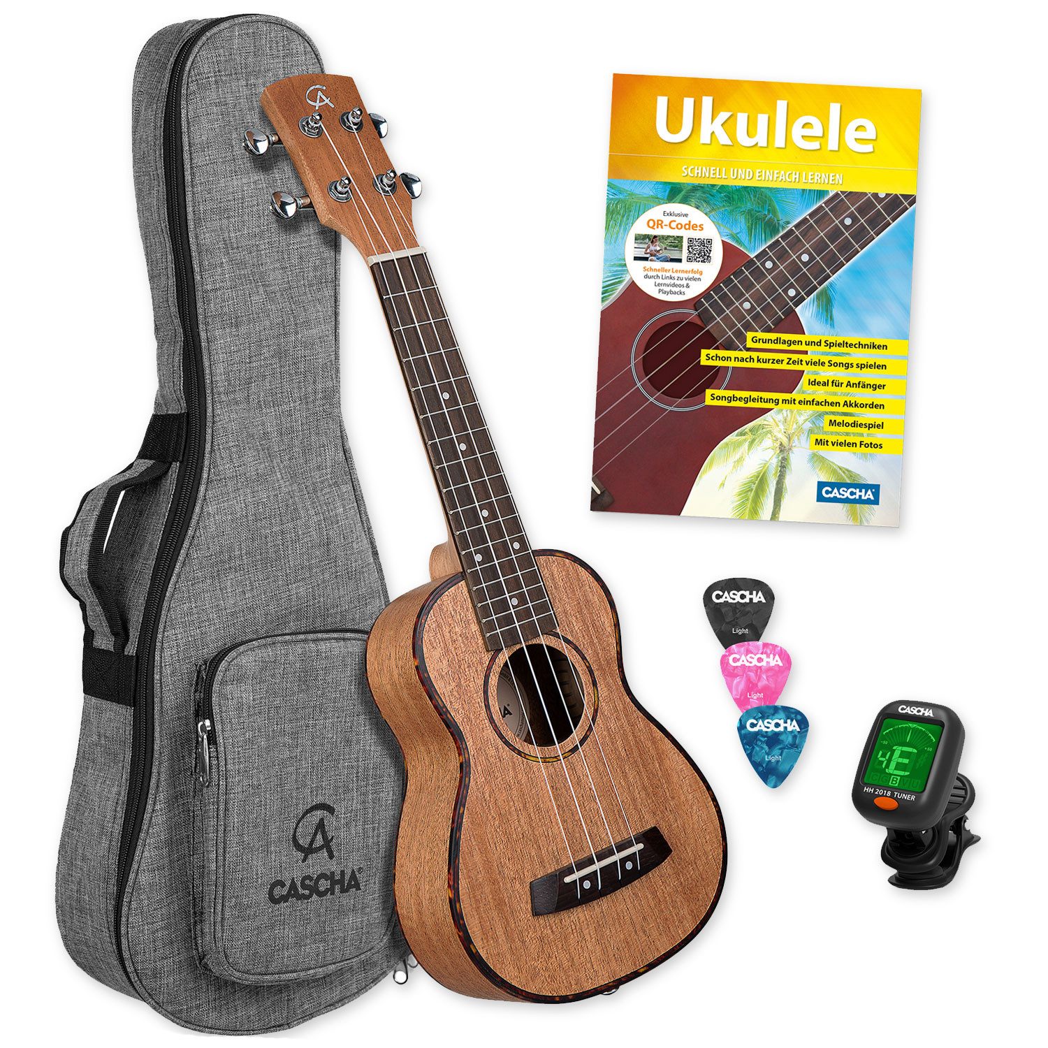 Cascha Ukulele Cascha Ukulele HH-2027 Sopran Ukulele Set, Ukulele, 1-St., Ukulele, Sopran Ukulele mit Tasche, Stimmgerät, Buch und 3 Plektren