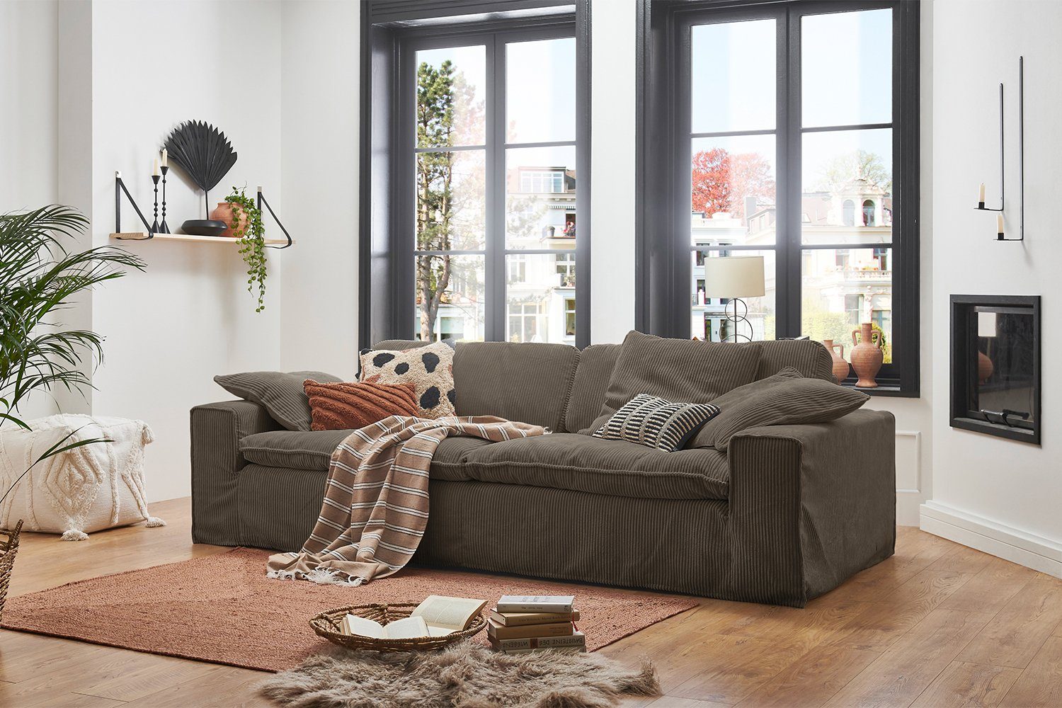 KAWOLA 3-Sitzer NETTA, Sofa Cord Bezug abziehbar, versch. Breiten und versch. Farben graubraun | graubraun