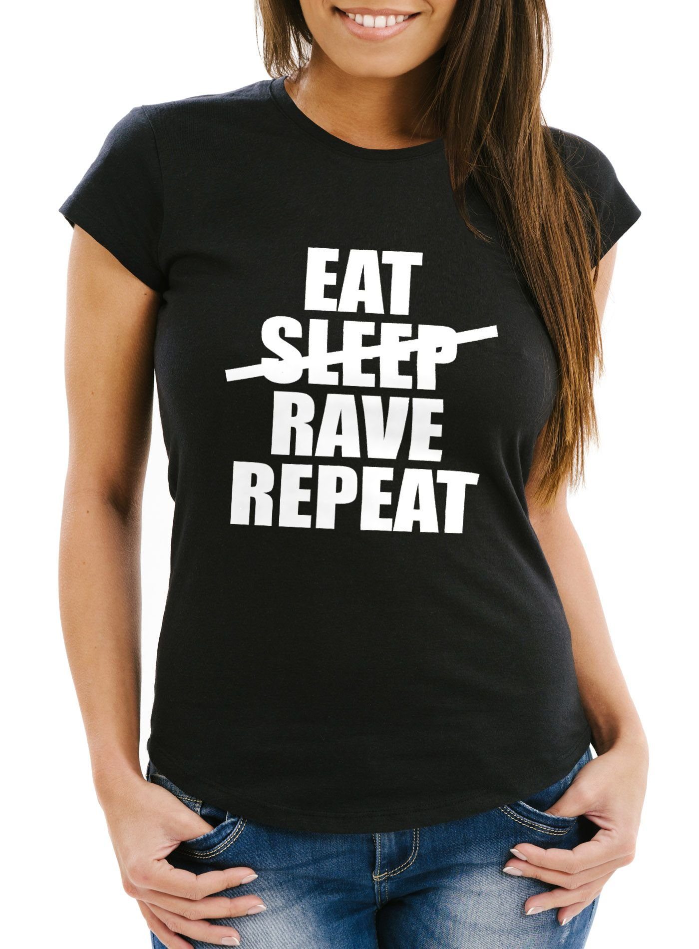 Print-Shirt Damen T-Shirt - Party, Festival, Feiern Spruch Shirt Techno - Eat Sleep Rave Repeat Heavy - Comfort Fit MoonWorks®