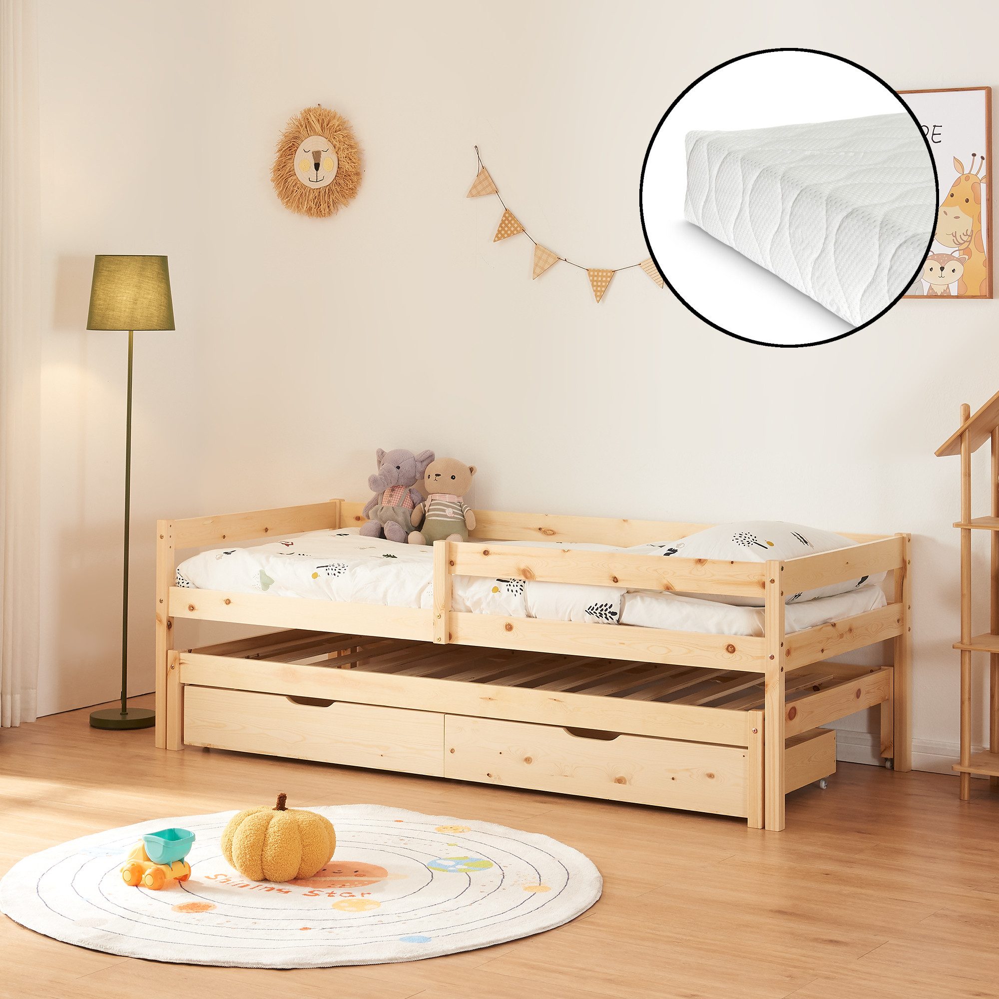 en.casa Kinderbett (Bett und Matratzen), »Sonkajärvi« mit 2 Bettkästen 90x200cm Kiefernholz Natur