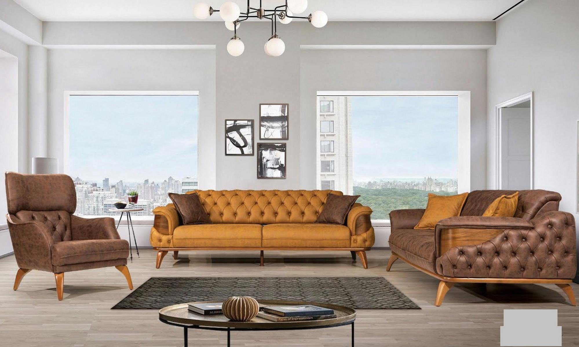 JVmoebel Polstergarnitur Elegante 3-teilige Sofagarnitur aus braunem Leder mit Sessel, Made in Europa