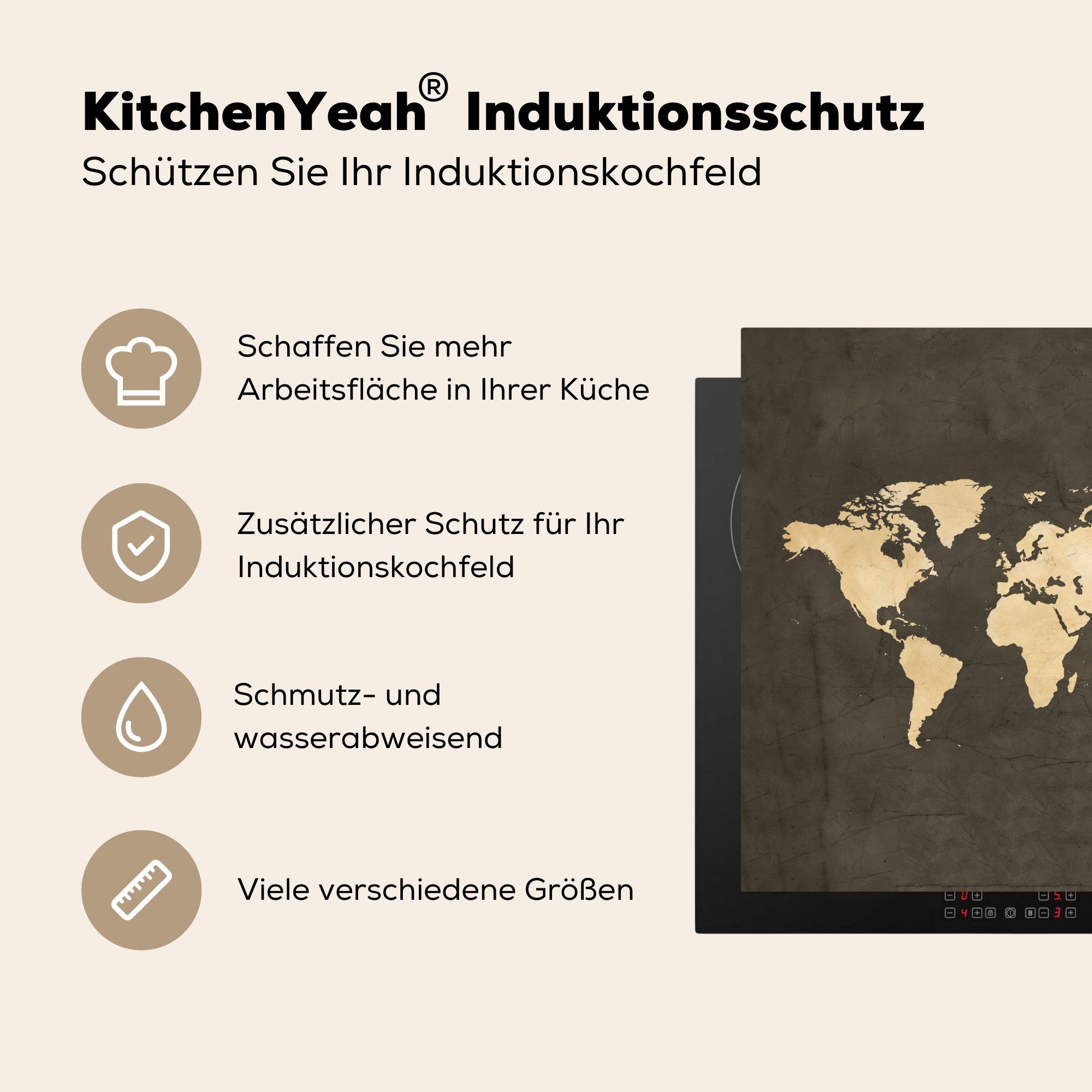 Weltkarte küche MuchoWow Vintage für Herdblende-/Abdeckplatte Vinyl, 78x78 - (1 - cm, Ceranfeldabdeckung, Farben, tlg), Arbeitsplatte