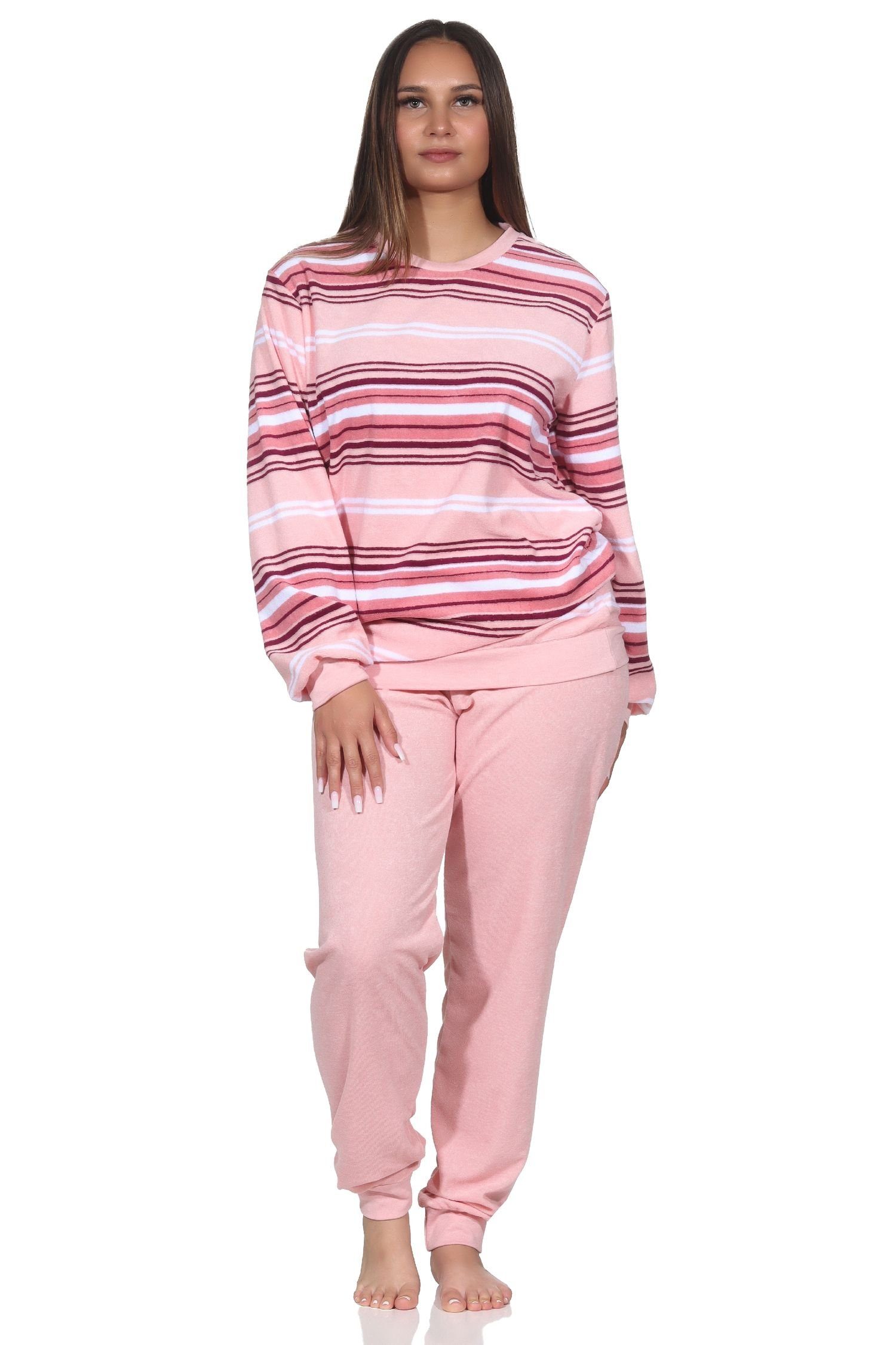 Normann Pyjama Damen Frottee Schlafanzug mit Bündchen in elegantem Streifendesign rosa