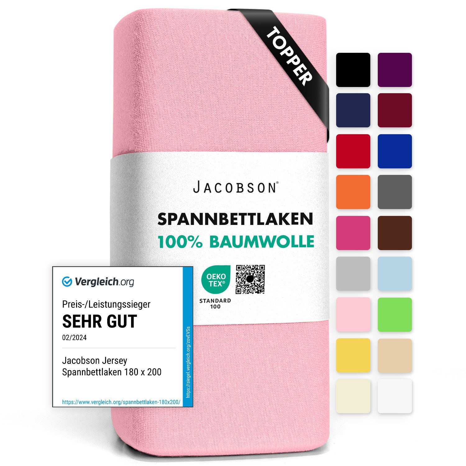 Jacobson Spannbettlaken TOPPER aus 100% Baumwolle, Jersey Bettlaken 160 g/m², Spannbetttuch mit Gummizug, pflegeleicht & viele Farben