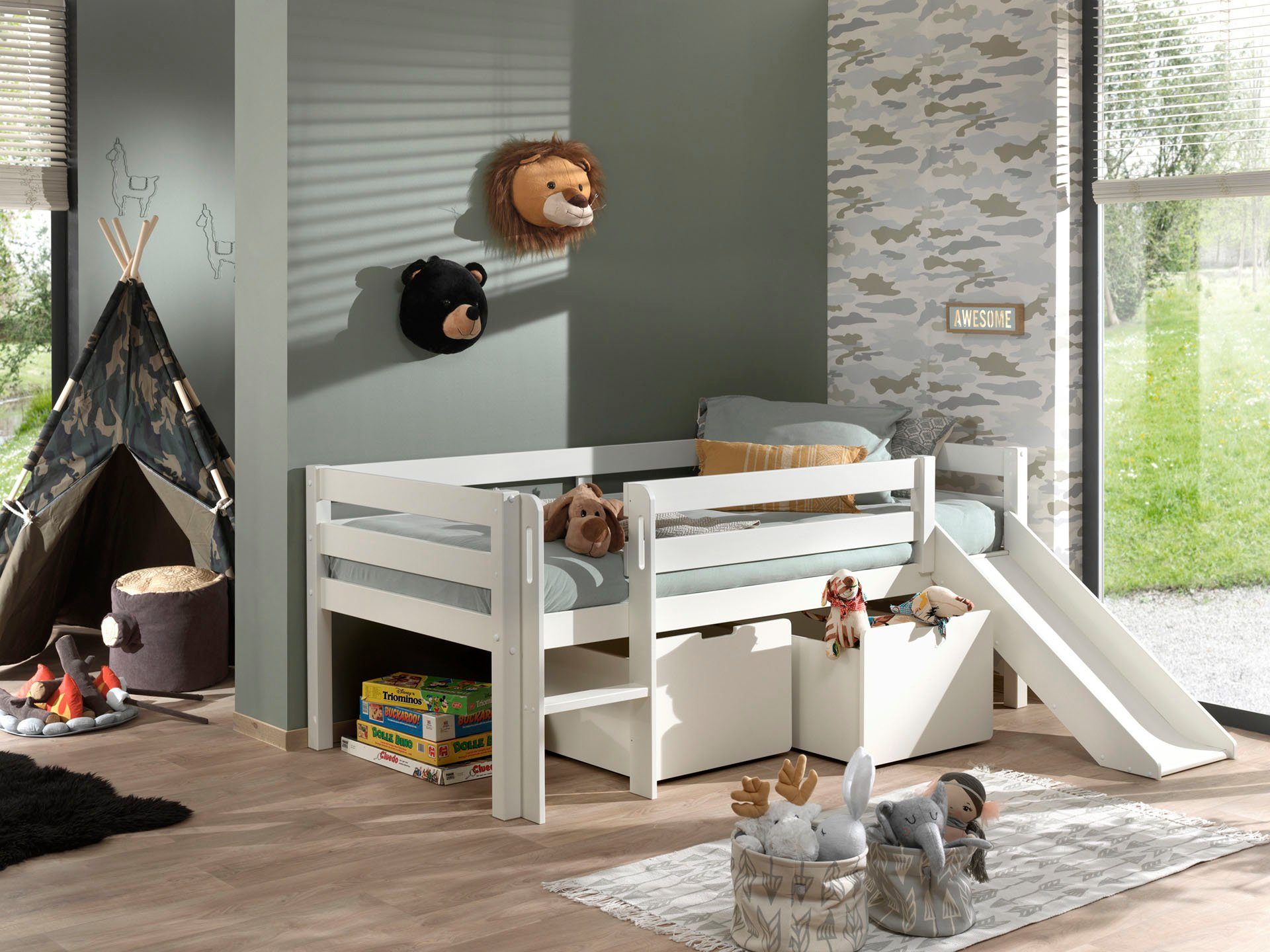 Vipack Spielbett Pino, Kiefer massiv, mit Rolllattenrost, 2 Rollboxen, Made in Europe (B/H/T ca. 207,6x83x175cm, inkl. Leiter, Absturzschutz und Rutsche), wahlweise mit oder ohne Hängeregal, 2 Farben zur Auswahl