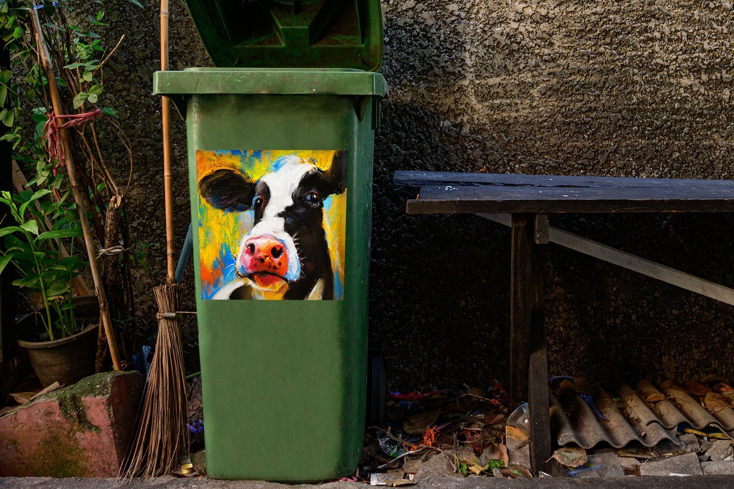 Container, - St), Kuh MuchoWow Gemälde Ölfarbe - Mülleimer-aufkleber, (1 Abfalbehälter Sticker, - Wandsticker Mülltonne, Tiere