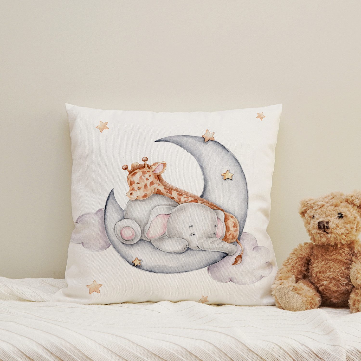 Dekokissen Elefant und Giraffe auf Halbmond