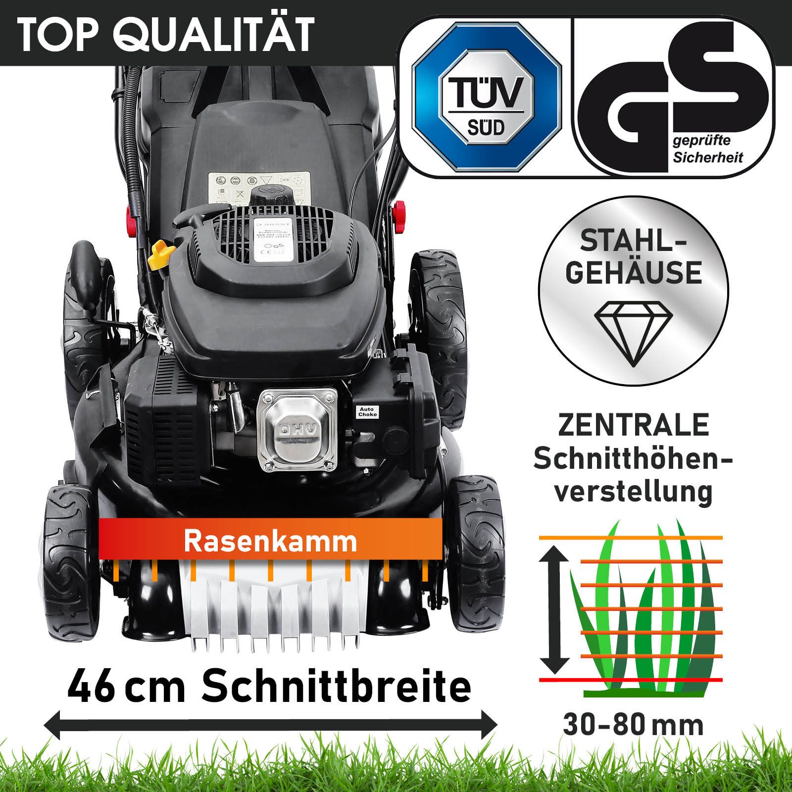 BRAST petrol lawnmower with drive, 3.5kW (4.76hp), electric start, 4-stroke OHV engine, 46 cm cutting width, 30-80mm cutting height, 60L grass catcher, steel housing, TÜV certified