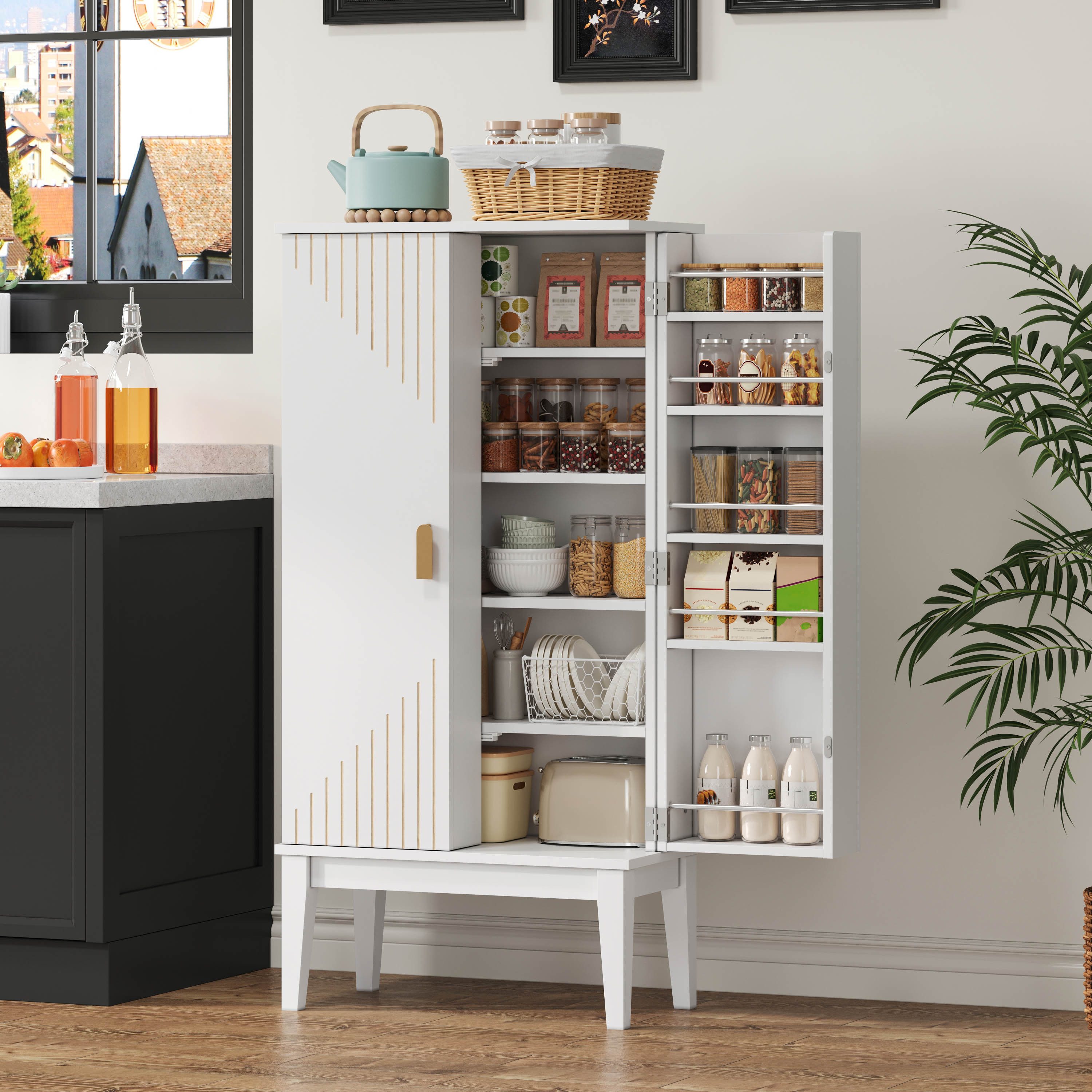 Flieks Mehrzweckschrank Hochschrank mit 2 Türablagen, Beine aus Massivholz (1-St., H120xB59xT30 cm) Küchenschrank Sideboard Aufbewahrungsschrank Weiß