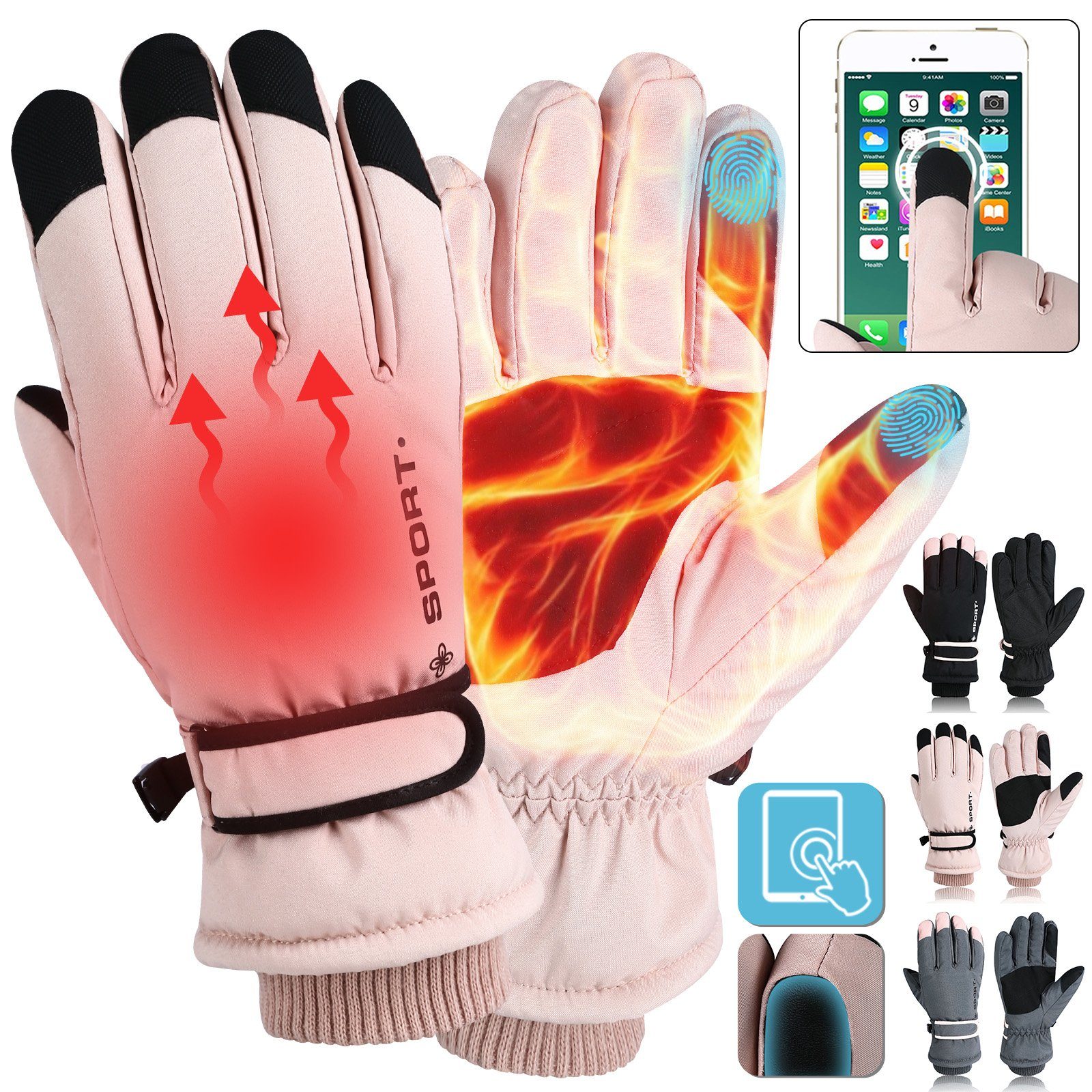 Sunicol Skihandschuhe Winter Warme Handschuhe, Damen, Thermo, Wasserdicht, Touchscreen Sport Handschuhe für Fahrrad Skifahren Snowboard Eislaufen Wandern Rosa