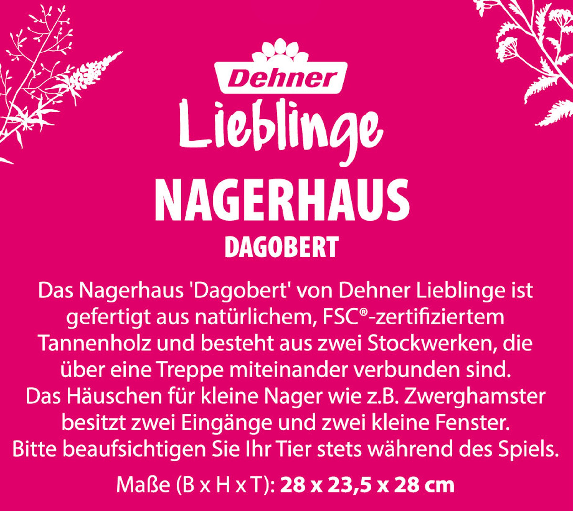 Dehner Nagerhaus Dagobert, 28 x 23.5 x 28 cm, Kiefernholz, natur, Versteck aus naturbelassenem Kiefernholz, Treppe, Fenstern, Balkon