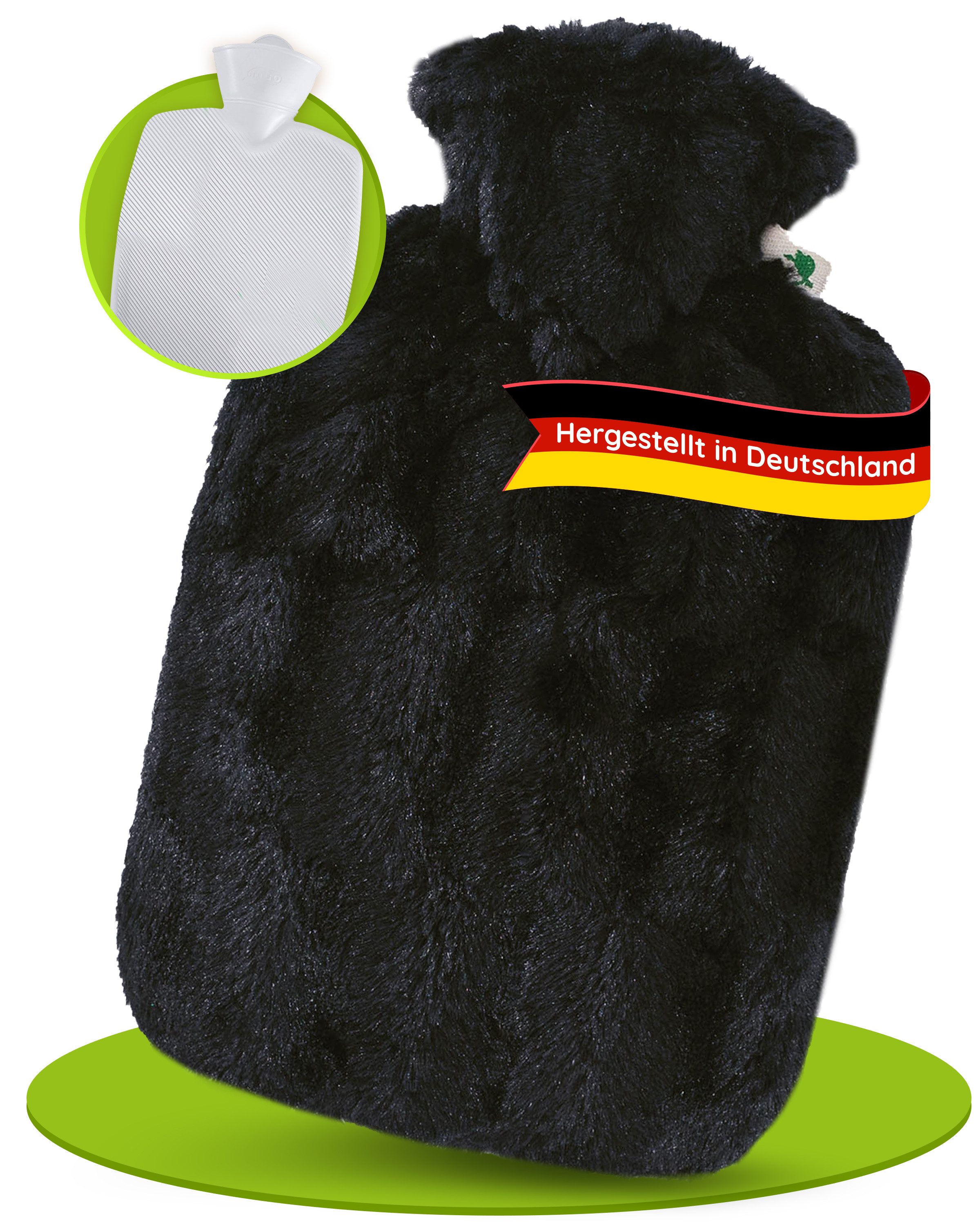 Hugo Frosch Wärmflasche Klassik 1,8 l Made in Germany mit Flauschbezug Tierfelloptik, Schwarz - langlebige Bettflasche, waschbarer Überzug