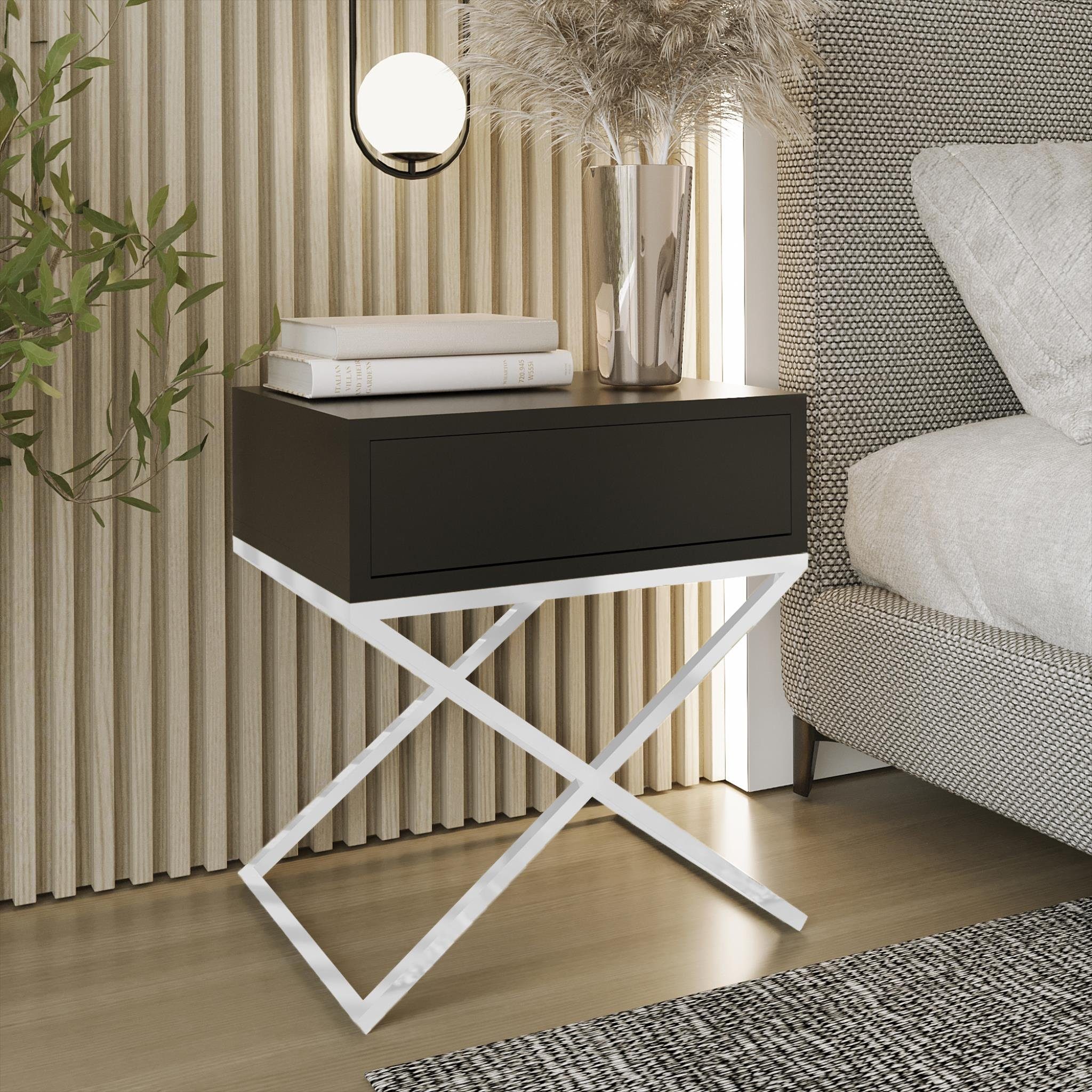 Beautysofa Nachttisch Max (inkl. Schublade, x-förmigen Metallgestell, 45 x 50 x 35 cm (B x H x T), kleine Tisch im modernes Deisgn für Schlafzimmer Schwarz | Weiß