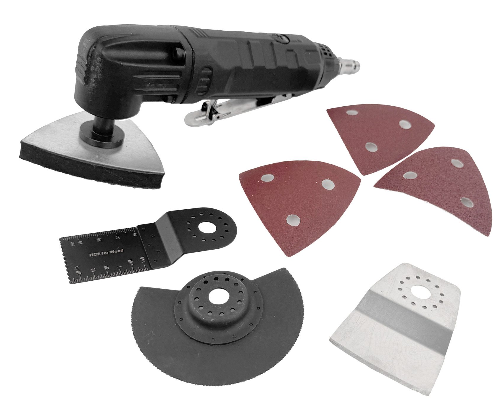WELDINGER Druckluftwerkzeug Druckluft Multifunktionsschleifer mit Klingen Schleifaufsatz Koffer, (Set)