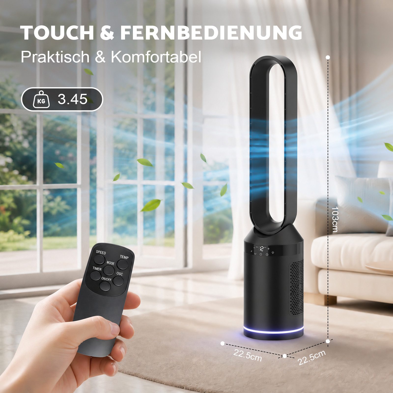 Rebonique Turmventilator Blattloser Ventilator mit Fernbedienung Standventilator sehr Leise, Tower-Ventilator 2 Modi, 70° Oszillation, 12H Timer, Nachtlicht