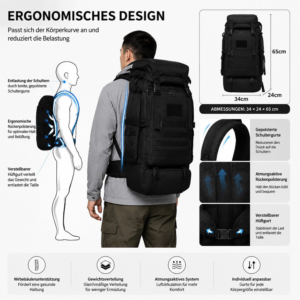 Forrlite Trekkingrucksack Camping Hiking Backpack Sports Bag for Men and Women Hiking, Camping (Tactical Rucksack Schwarz 80L taktisch MOLLE), Separatem Schuhfach, wasserdicht, ultraleicht und reißfest