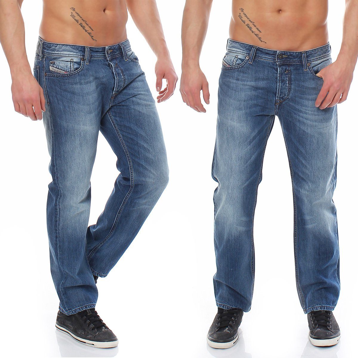Diesel Regular-fit-Jeans Herren Waykee 0RB04 Used-Look, Blau, Stretch ohne Anteil Dezenter 5-Pocket-Style