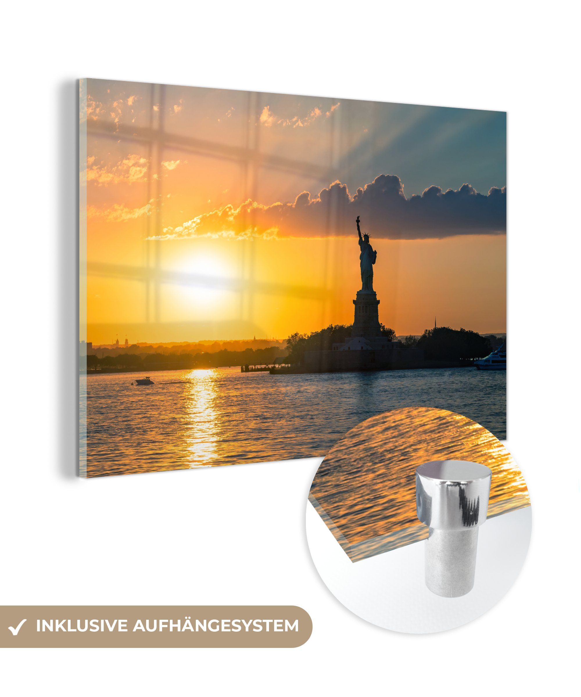 MuchoWow Acrylglasbild Freiheitsstatue und Hudson River in New York bei Sonnenuntergang, (1 St), Acrylglasbilder Wohnzimmer & Schlafzimmer | Bilder