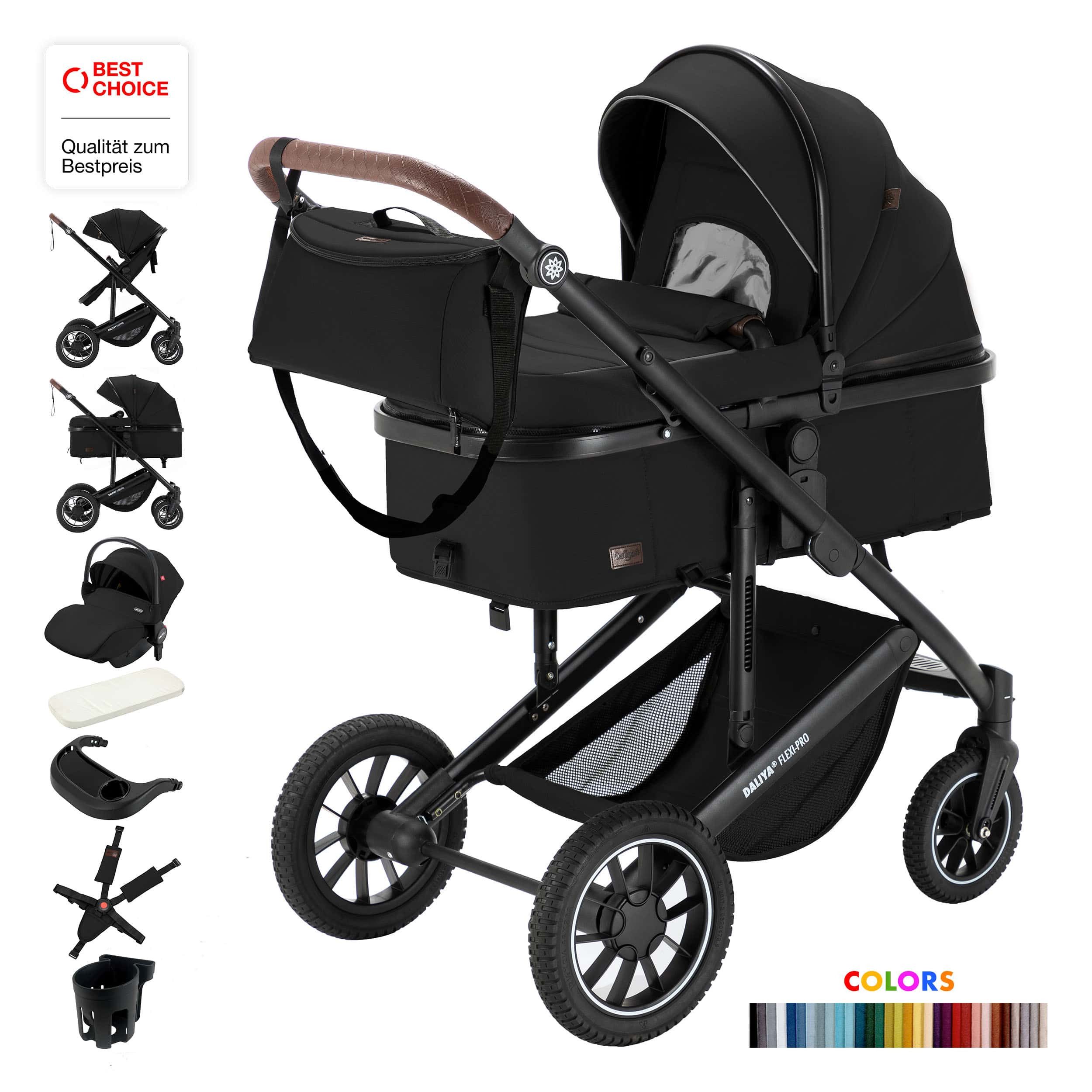 Daliya® Kombi-Kinderwagen FLEXI-PRO M 3in1 Kinderwagen & Buggy, Reisekinderwagen, XXL Set, (XXL-Set mit i-Size Babyschale, 13-tlg), Einhändig abnehmbare Wanne, i-Size Babyschale, Alu-Rahmen, Gummireifen