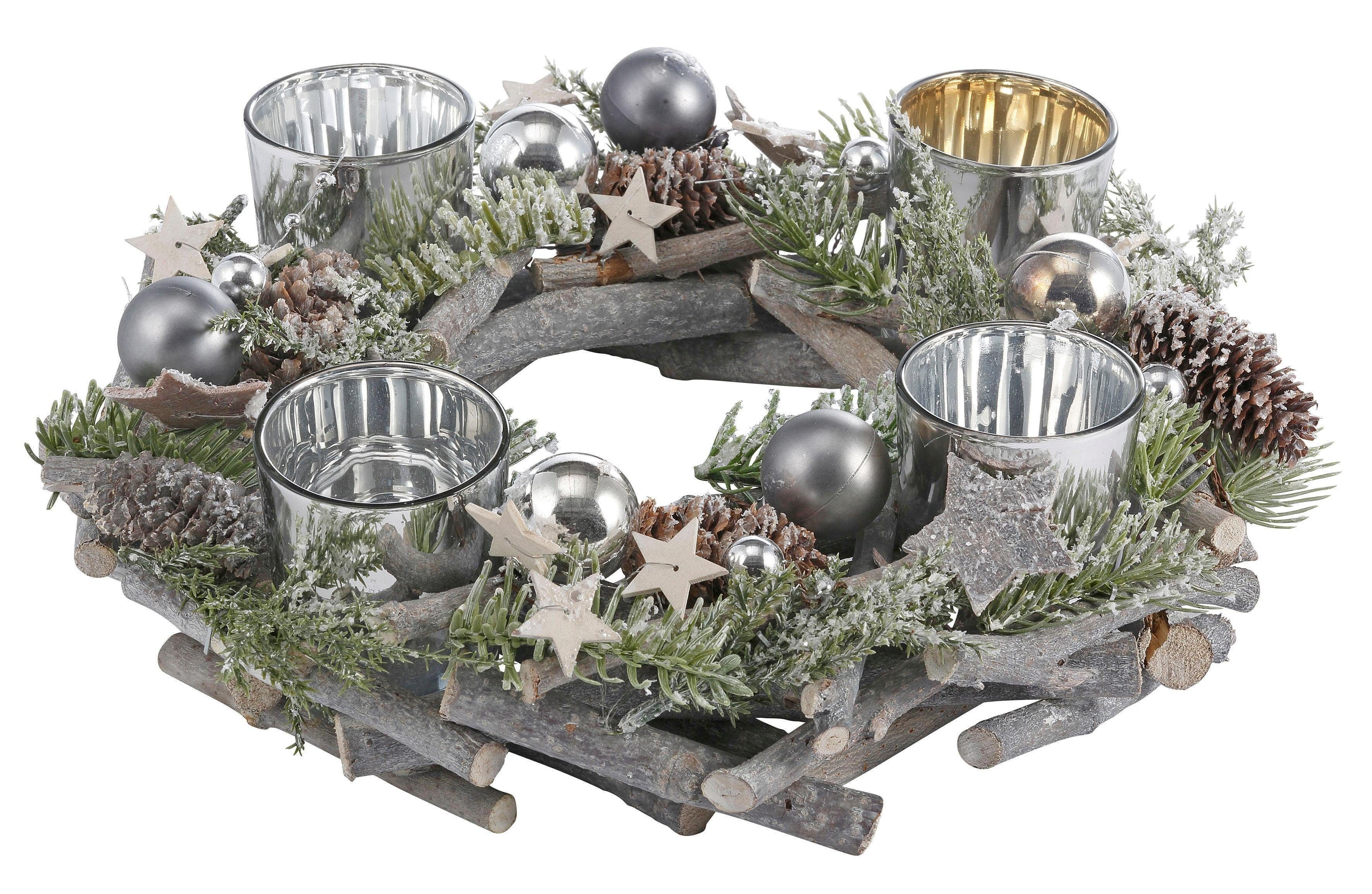 für Echtholz, Teelichter, cm mit Weihnachtsdeko Ø und Adventskranz aus 4 Kunstschnee Kerzenhalter 30 affaire Home Glitter,