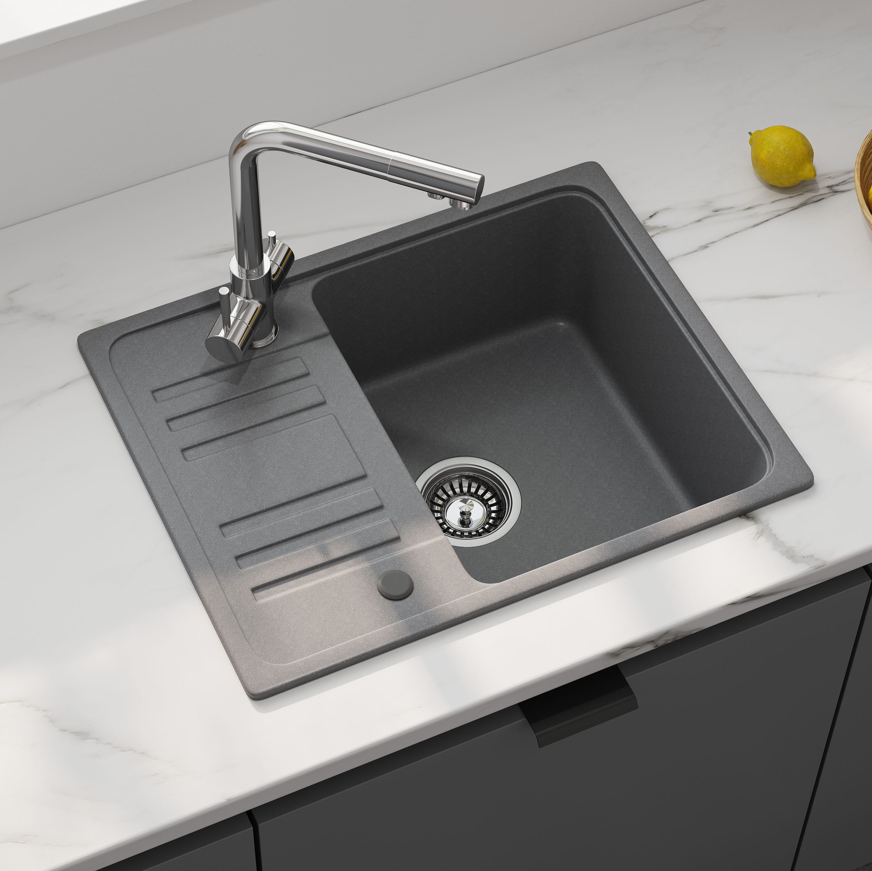 HOROW Granitspüle Granit Spüle in Schwarz 1 Becken Einbauspüle in 57 x 45 cm, 57/45 cm, mit Siphon Ab- und Überlaufgarnitur