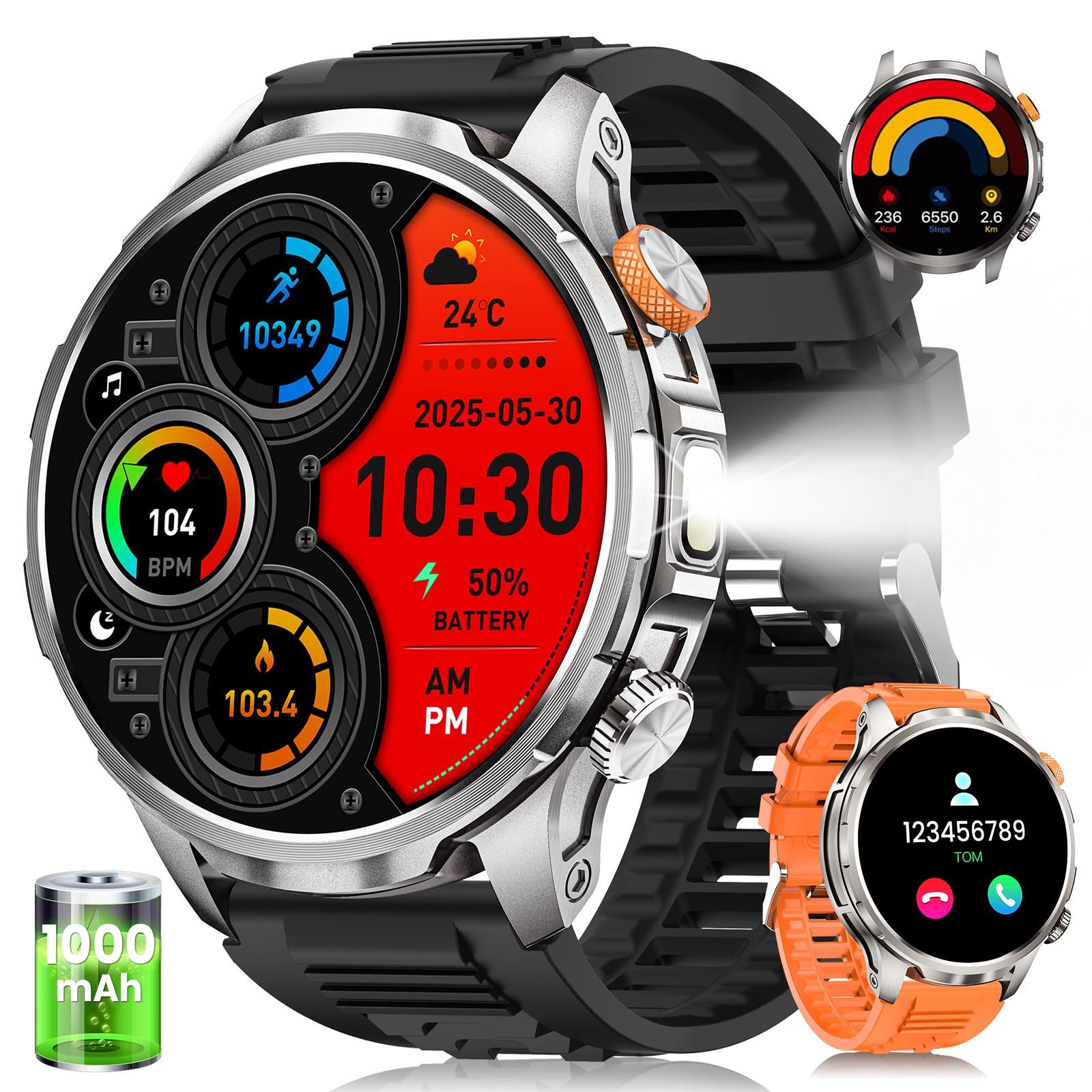 Zevelora Trail 1000 Militär-Smartwatch Herren AMOLED-Display 1000-mAh-Akku Smartwatch (4,85 cm/1,91 Zoll, Android/iOS) Set, mit Stahlarmband und Silikonarmband, 1000-mAh-Akku, LED-Taschenlampe, Bluetooth-Telefonie
