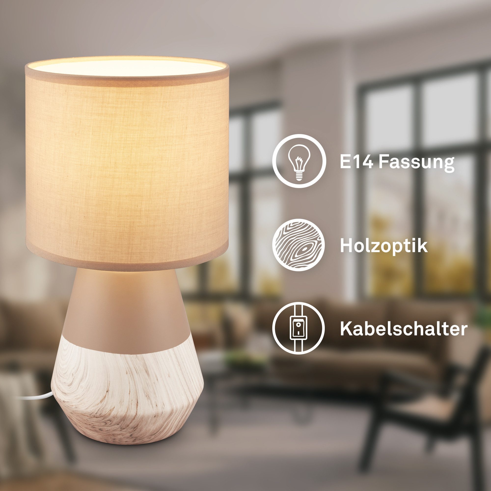 Briloner Leuchten LED Tischleuchte Tischlampe Keramik E14 Stoffschirm Kabelschalter, ohne Leuchtmittel, Abhängig vom Leuchtmittel, 18x34 cm, Schlafzimmer, Wohnzimmer, Flur
