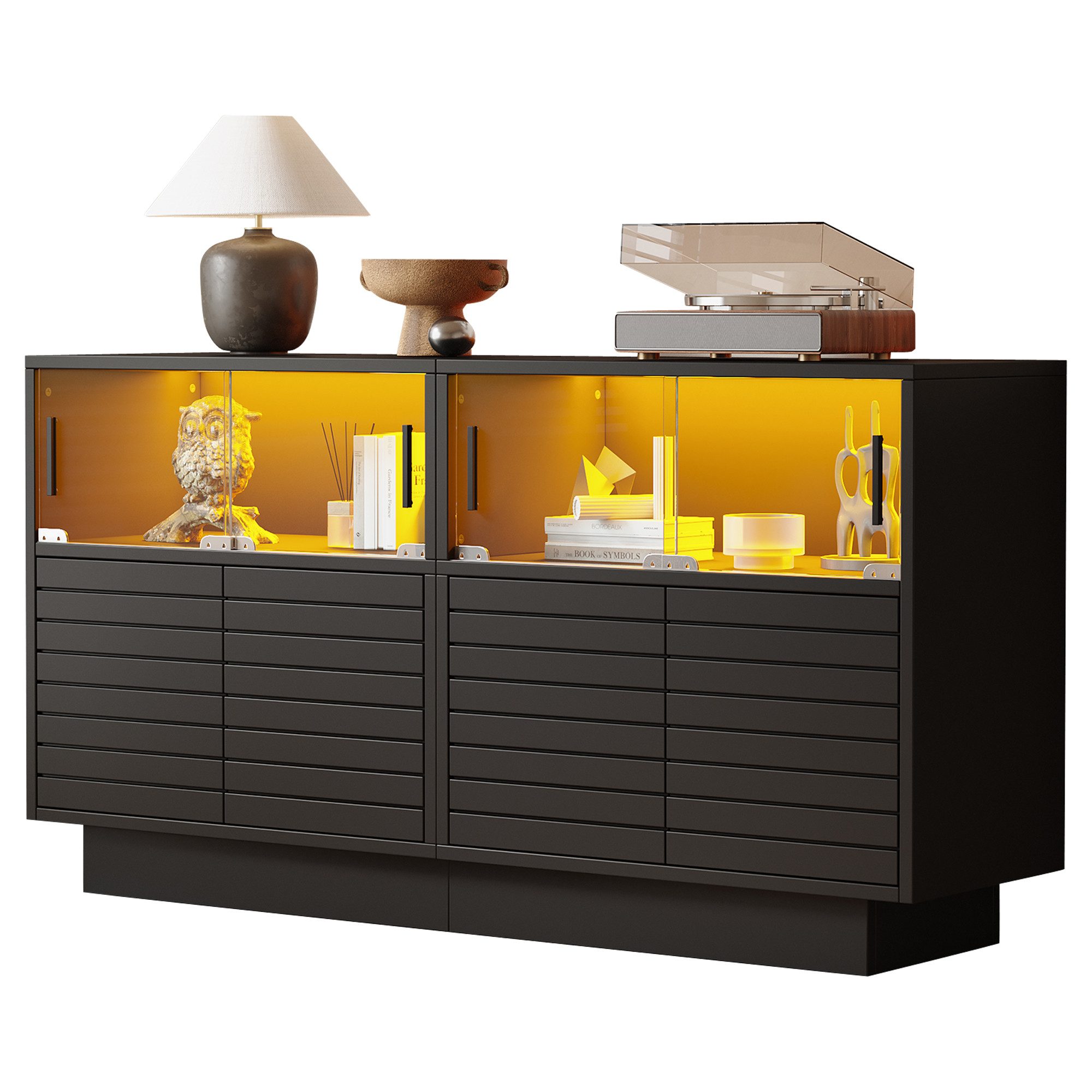 Merax Sideboard Vitrinenschrank mit LED-Beleuchtung (Buffetschrank Anrichte, 1 St., für Wohnzimmer oder Flur), Kommode mit 4 Glastüren, 2 Schränken und großer Ablagefläche