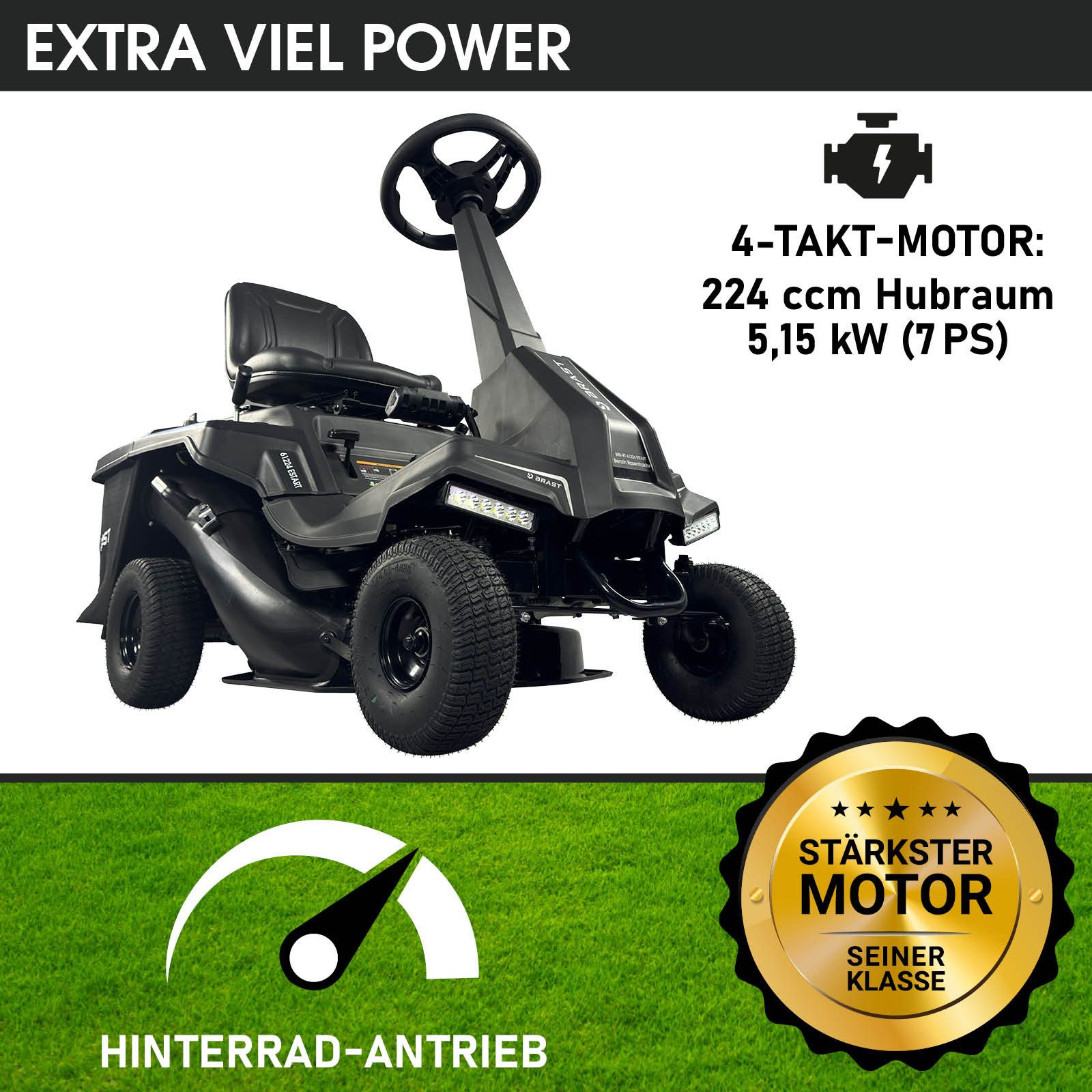 BRAST Rasentraktor Aufsitzmäher 5,15kW(7PS), Elektrostart, TÜV, Variable Geschwindigkeit, 61,00 cm Schnittbreite, 150L Fangkorb, für mittlere bis große Rasenflächen