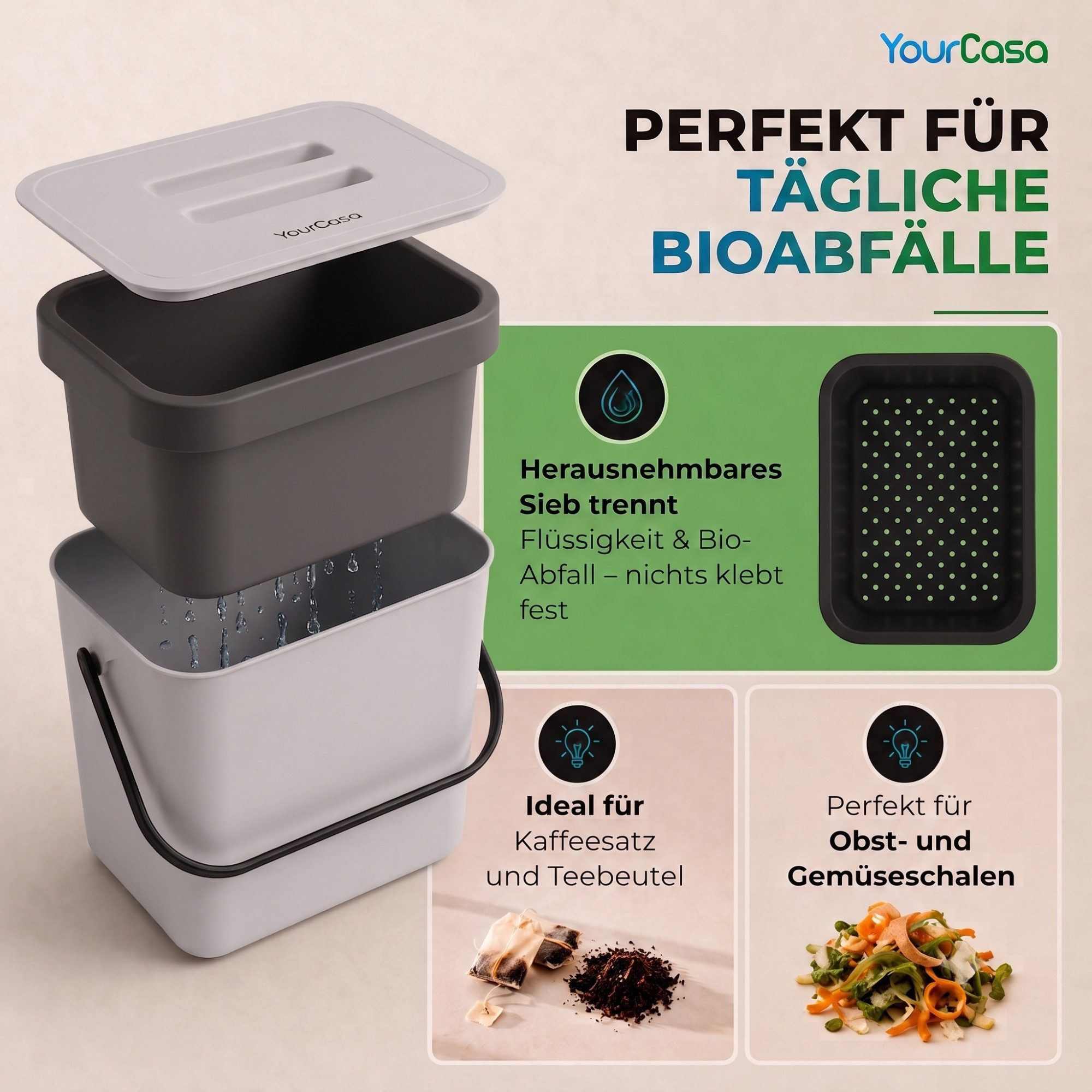 YourCasa Biomülleimer Küche 7L mit Halterung, Sieb und Deckel, 7 Liter, Mit Halterung – Bild 5 von 5