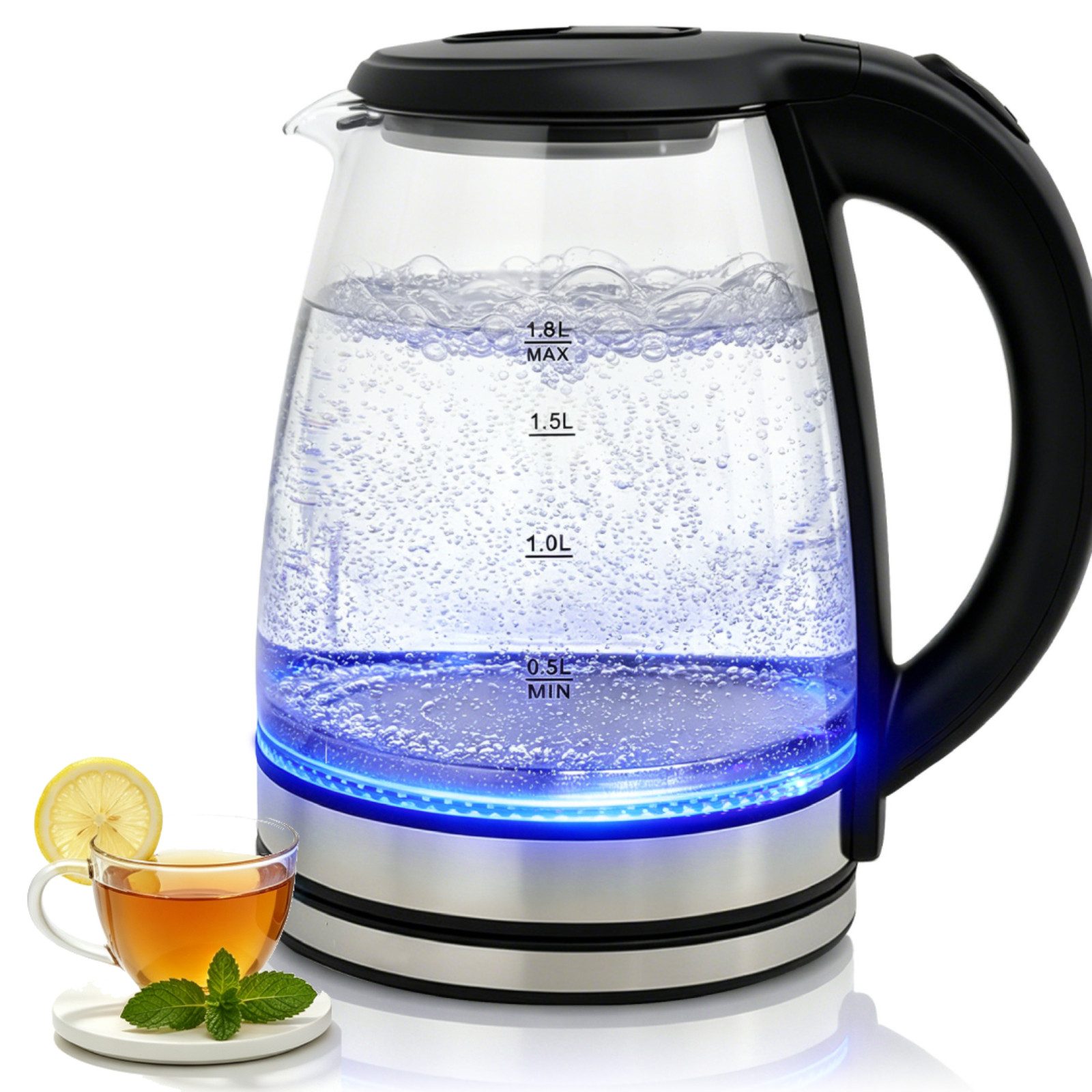 OZAVO Wasserkocher Glas 1,8L 1500W mit LED-Beleuchtung 100% BPA Frei, 1500 W, 360° Edelstahl Sockel,Trockenaufschutz